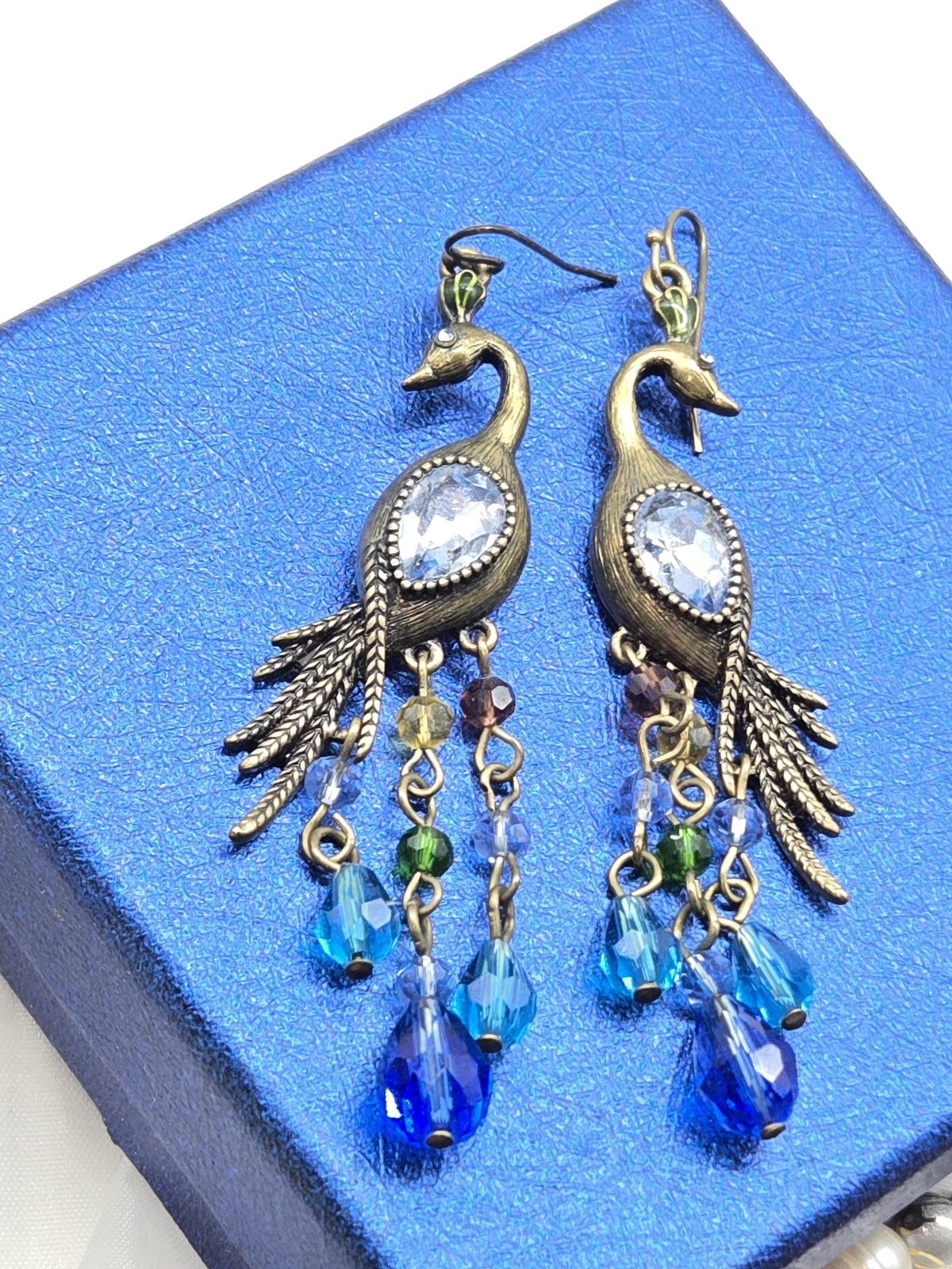 Vintage Peacock Dangle Drop Post Earrings Multicolor Crystal Faceted Beads