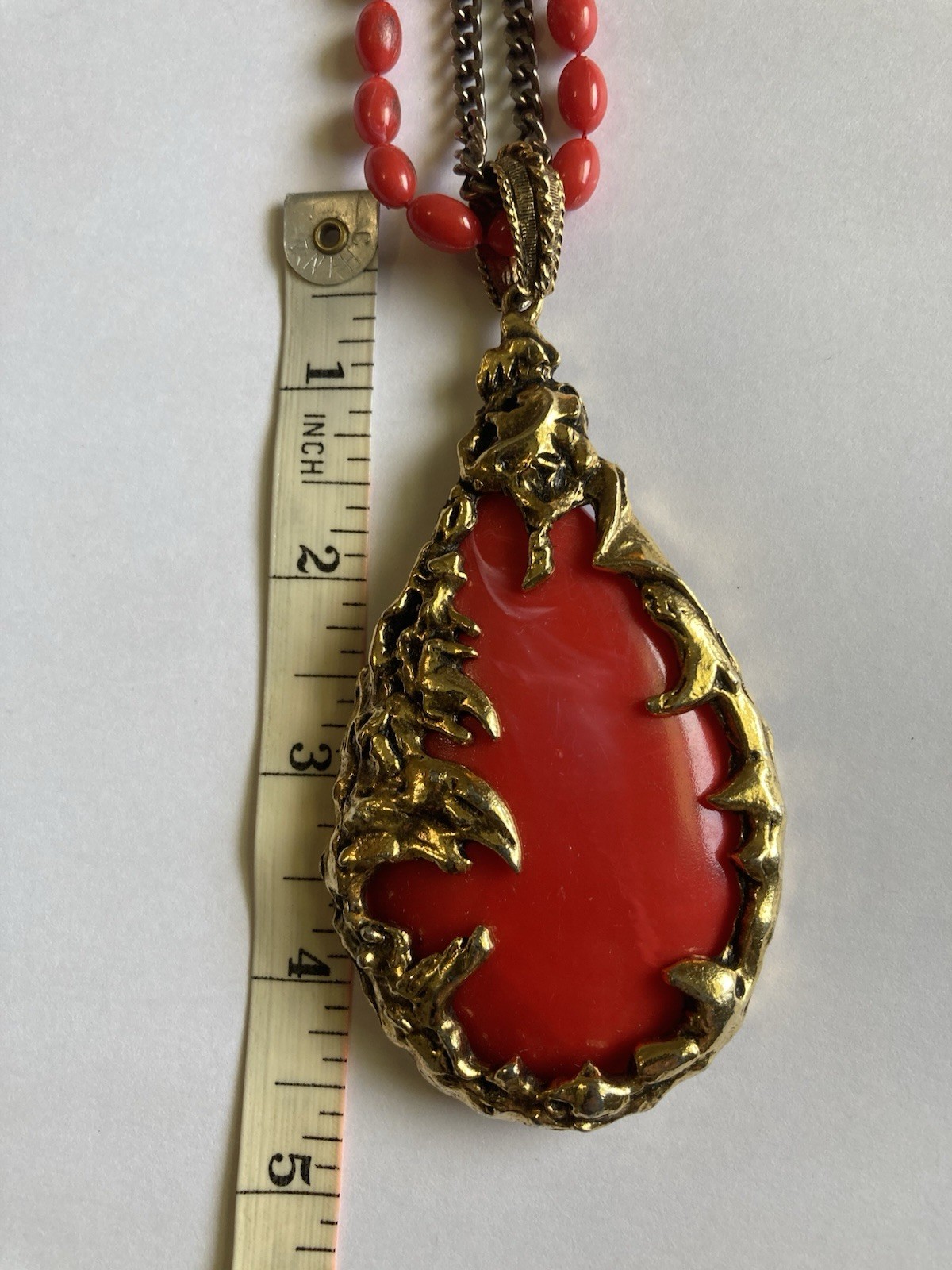 Vintage 1960s Brutalist Love Witch Necklace Deep Coral Lucite Gold Pendant