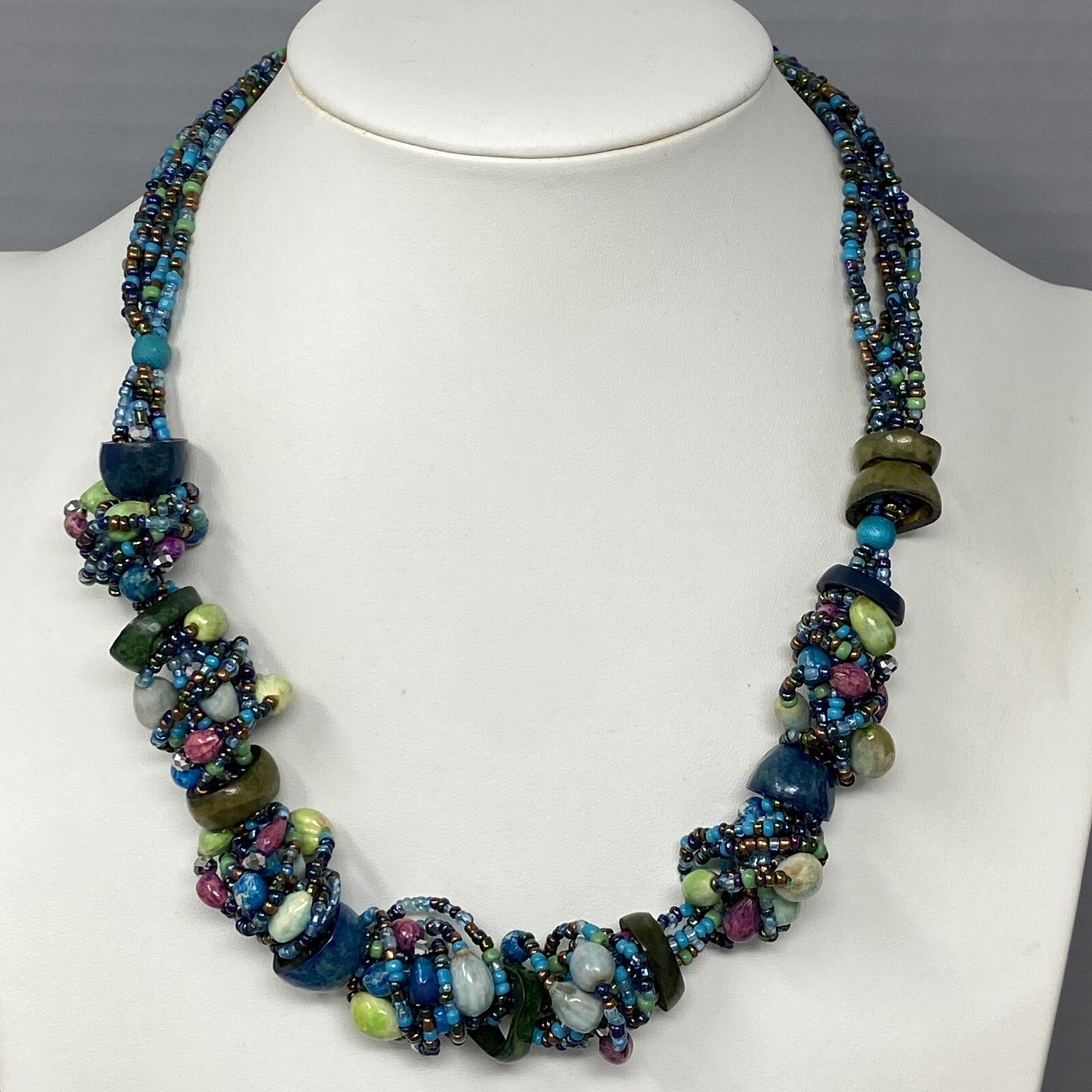 Boho Necklace Vintage Blue Multicolor Seed Bead Dyed Nut Multi Strand Collar 19″