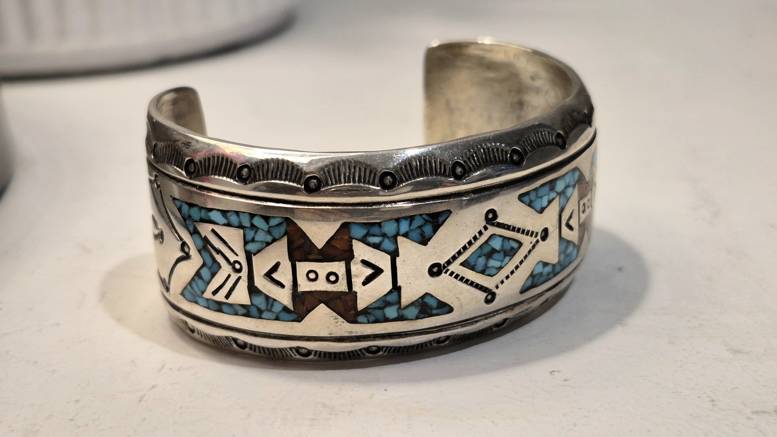 Frances Begay Navajo Sterling Silver Turquoise Inlay Cuff Bracelet 44g