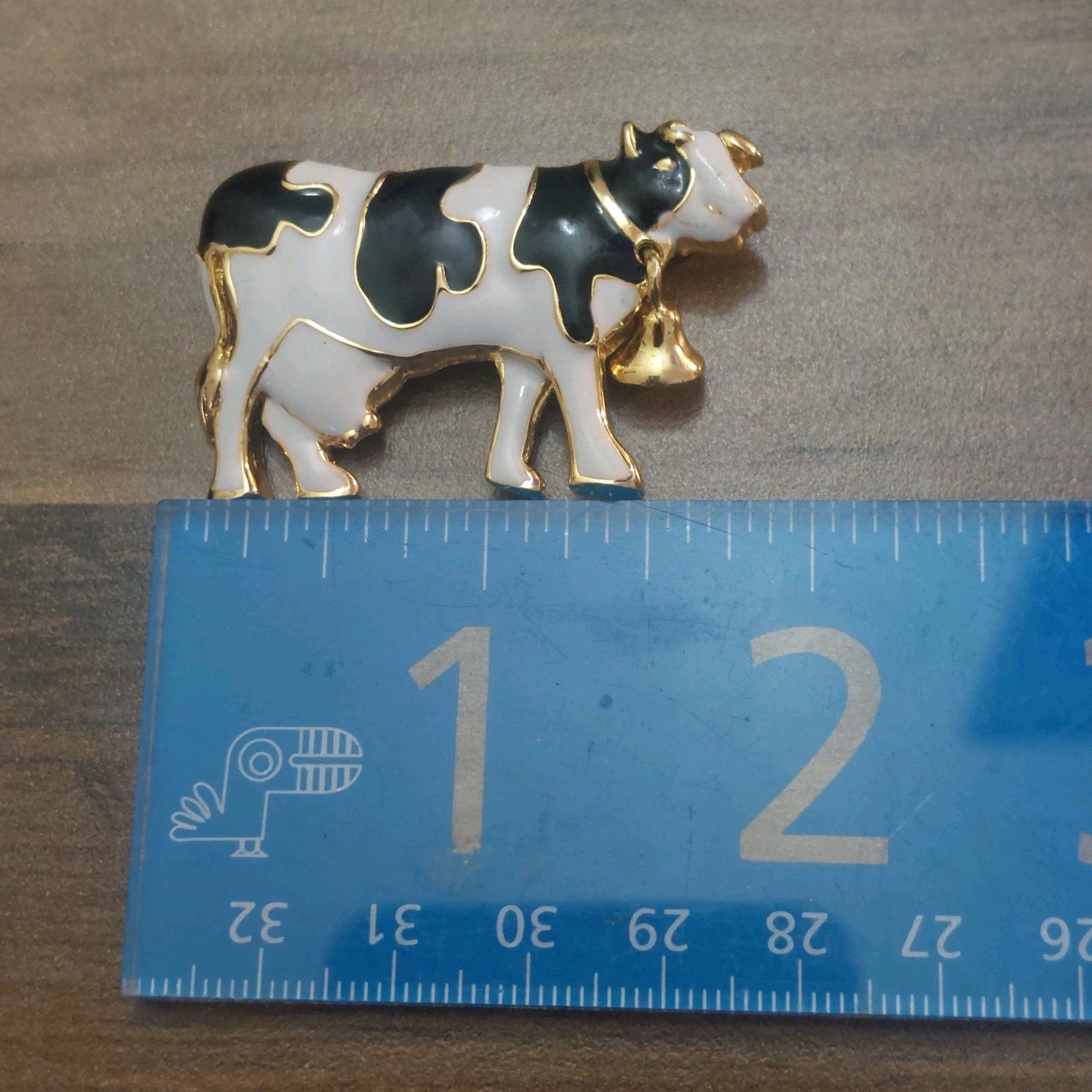 Vintage Estate Costume Jewelry Enamel Cow Pin Brooch with Bell
