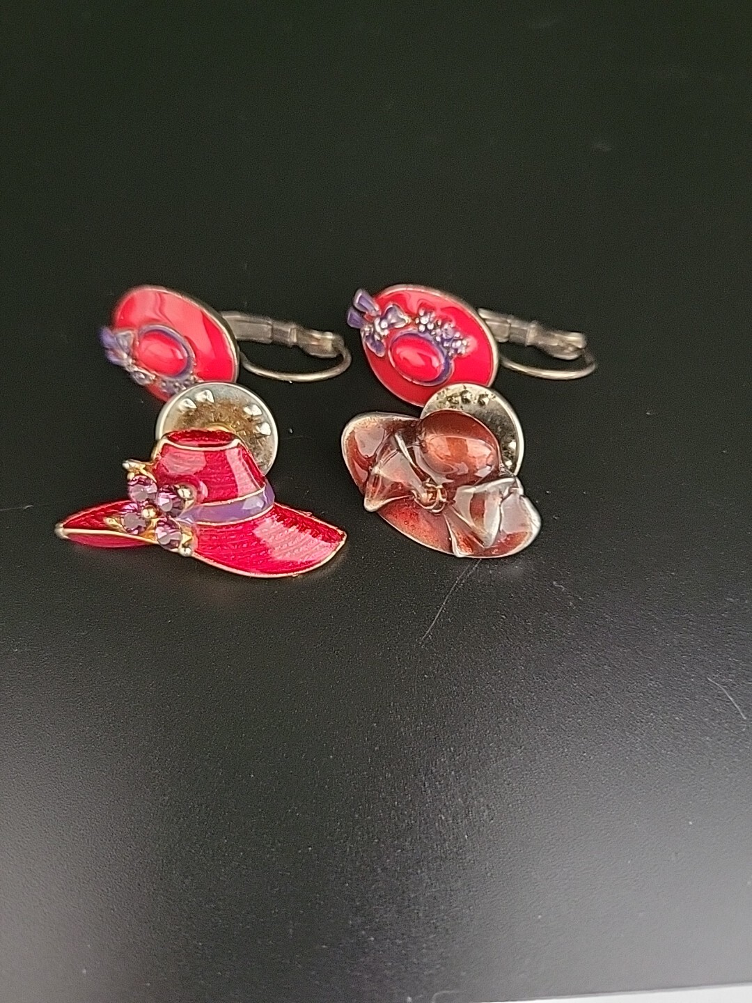 2 Vntg Red Hat Society pins & a pair of pierced earrings