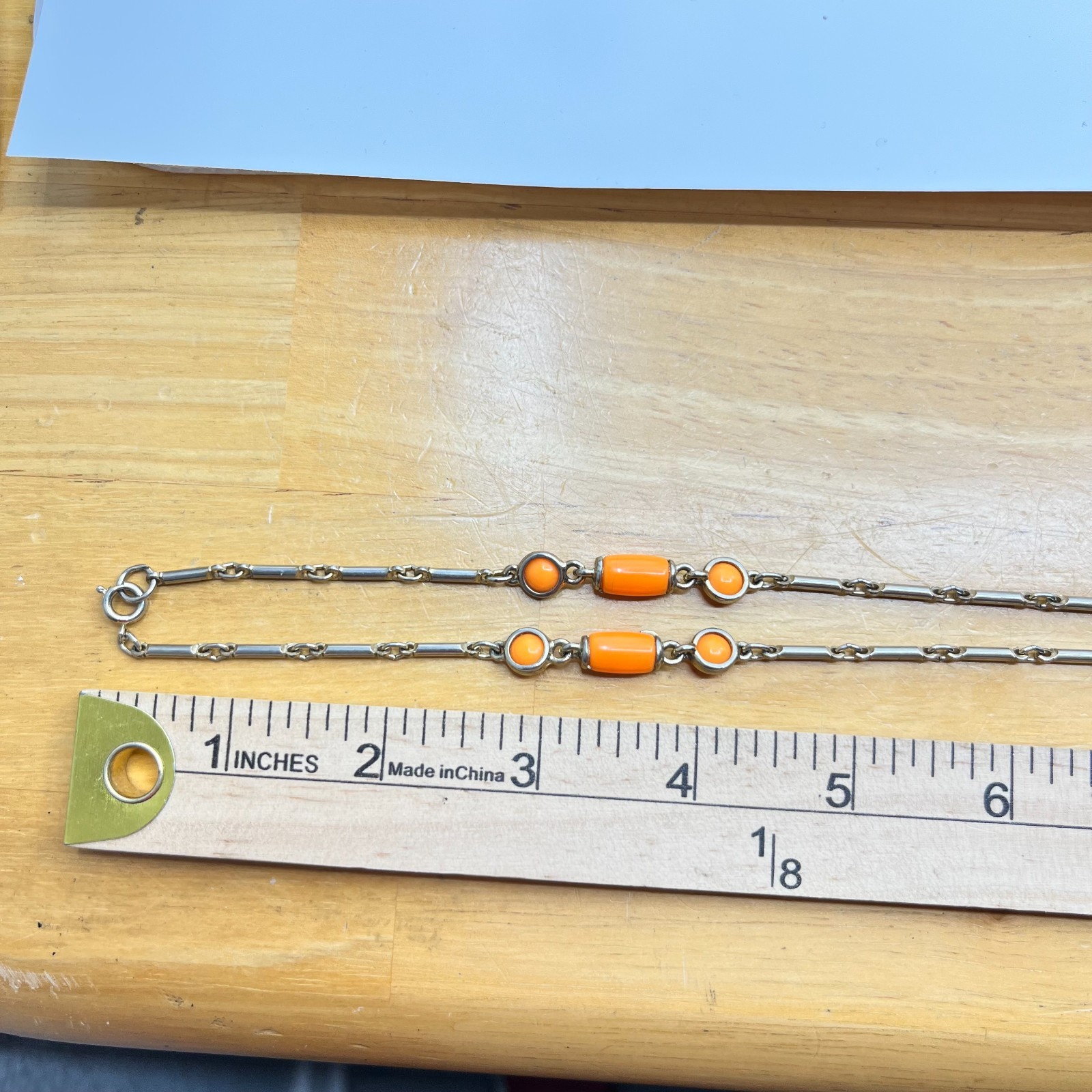 Vintage Orange Enamel Bar Link Station Necklace Silver Tone Mod 36″ Spring Ring