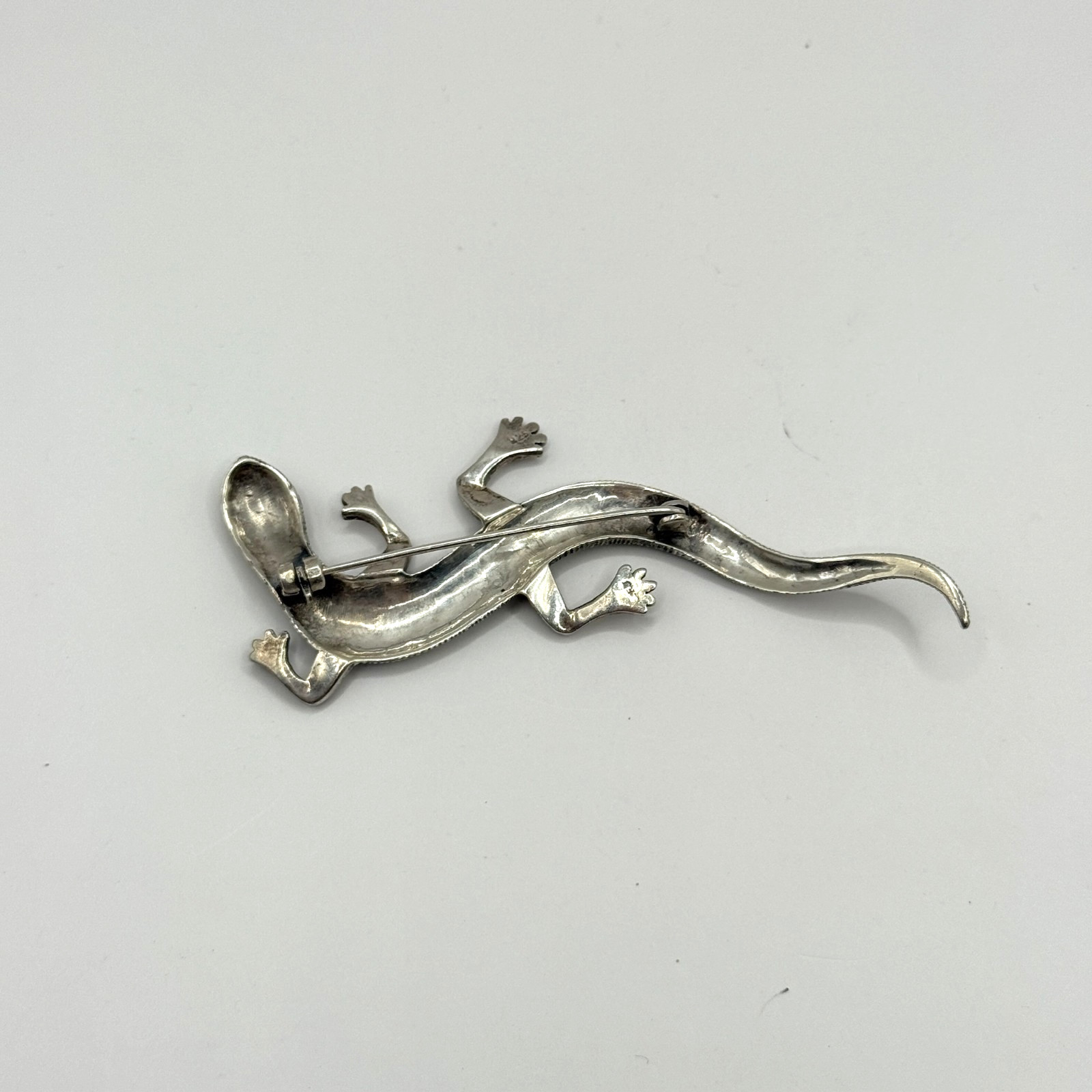 Vintage Marcasite Gem Lizard Pin Brooch 925 Sterling Silver Signed FJ 12.58g