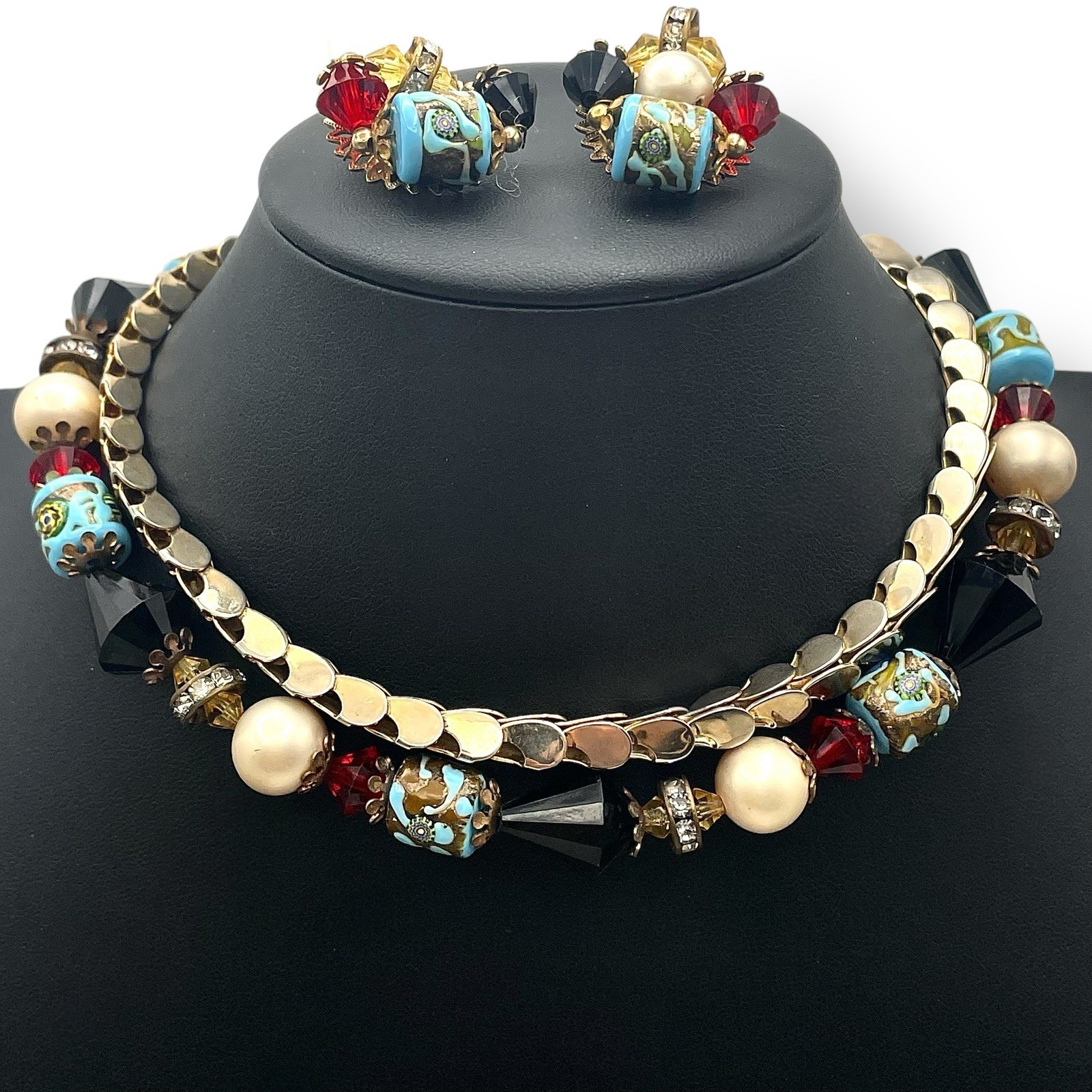 Vintage Demi Parure MILLEFIORI GLASS Beads Chain Necklace Earrings Italy READ