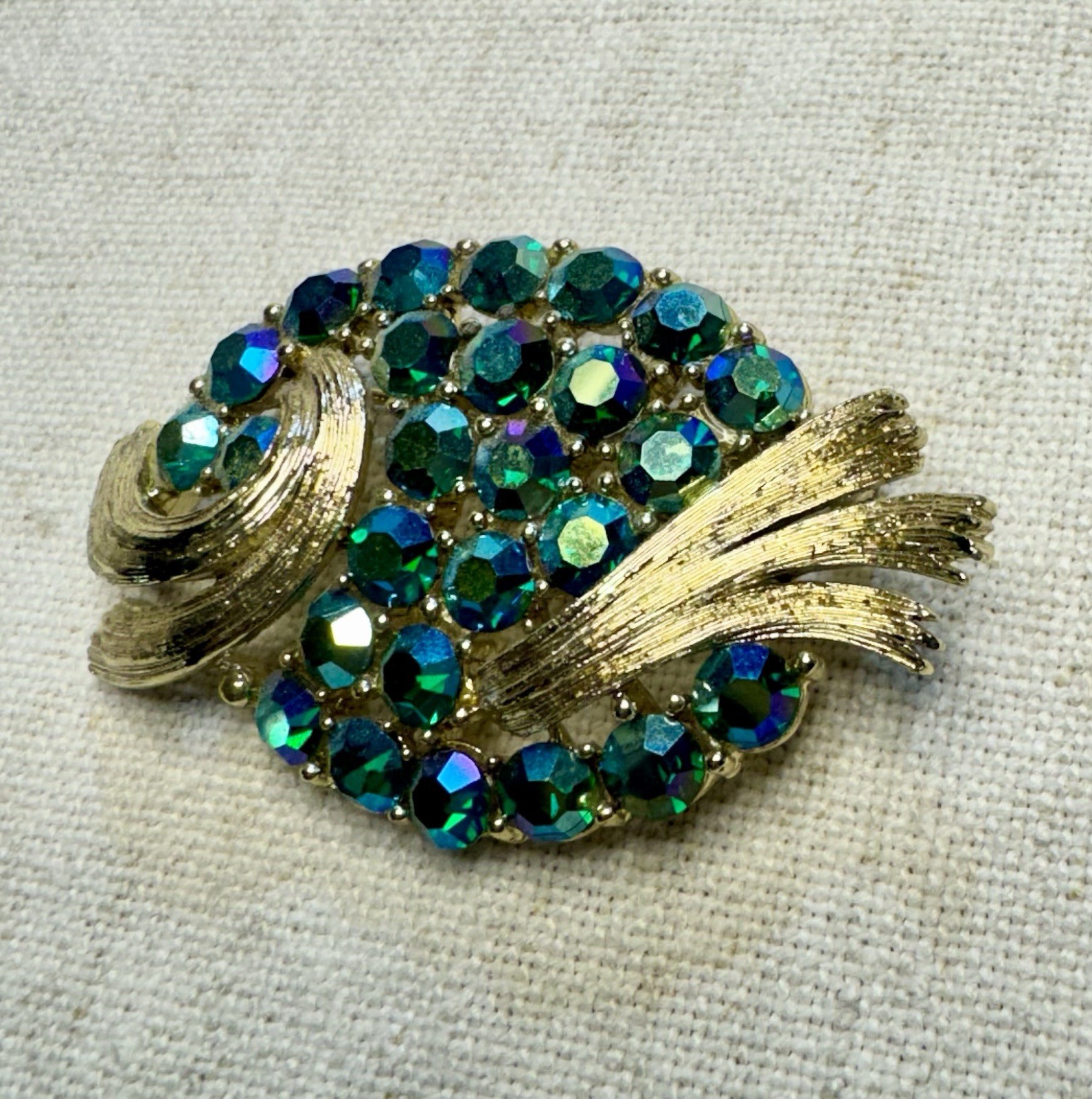 Vintage Signed Lisner Teal Blue AB Gold Tone Swishes Brooch Rare Beauty!