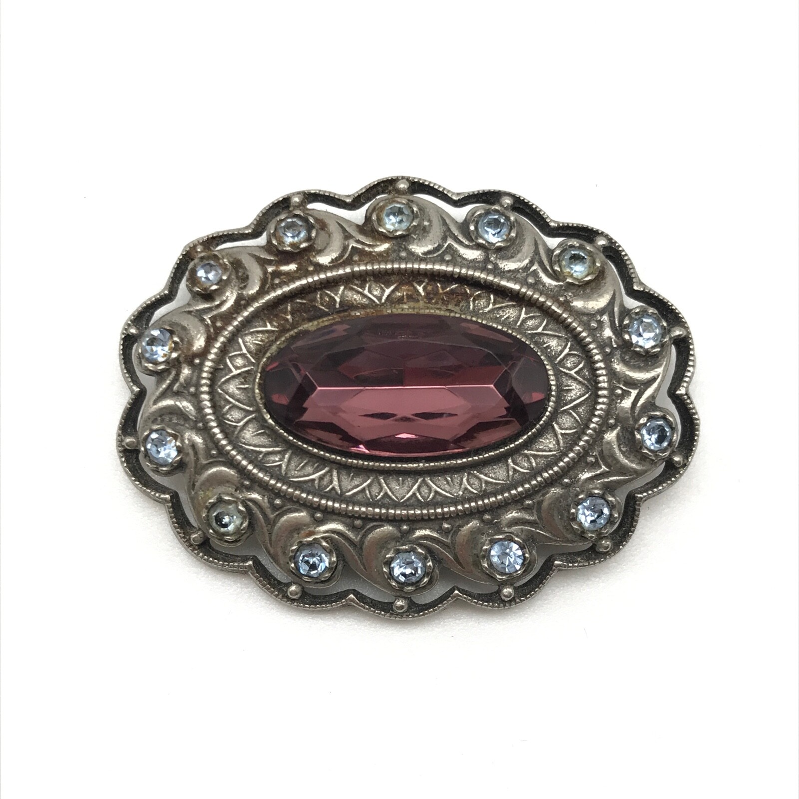 Vintage Purple Blue Rhinestone Silver Tone Oval Framed Ladies Brooch Pin