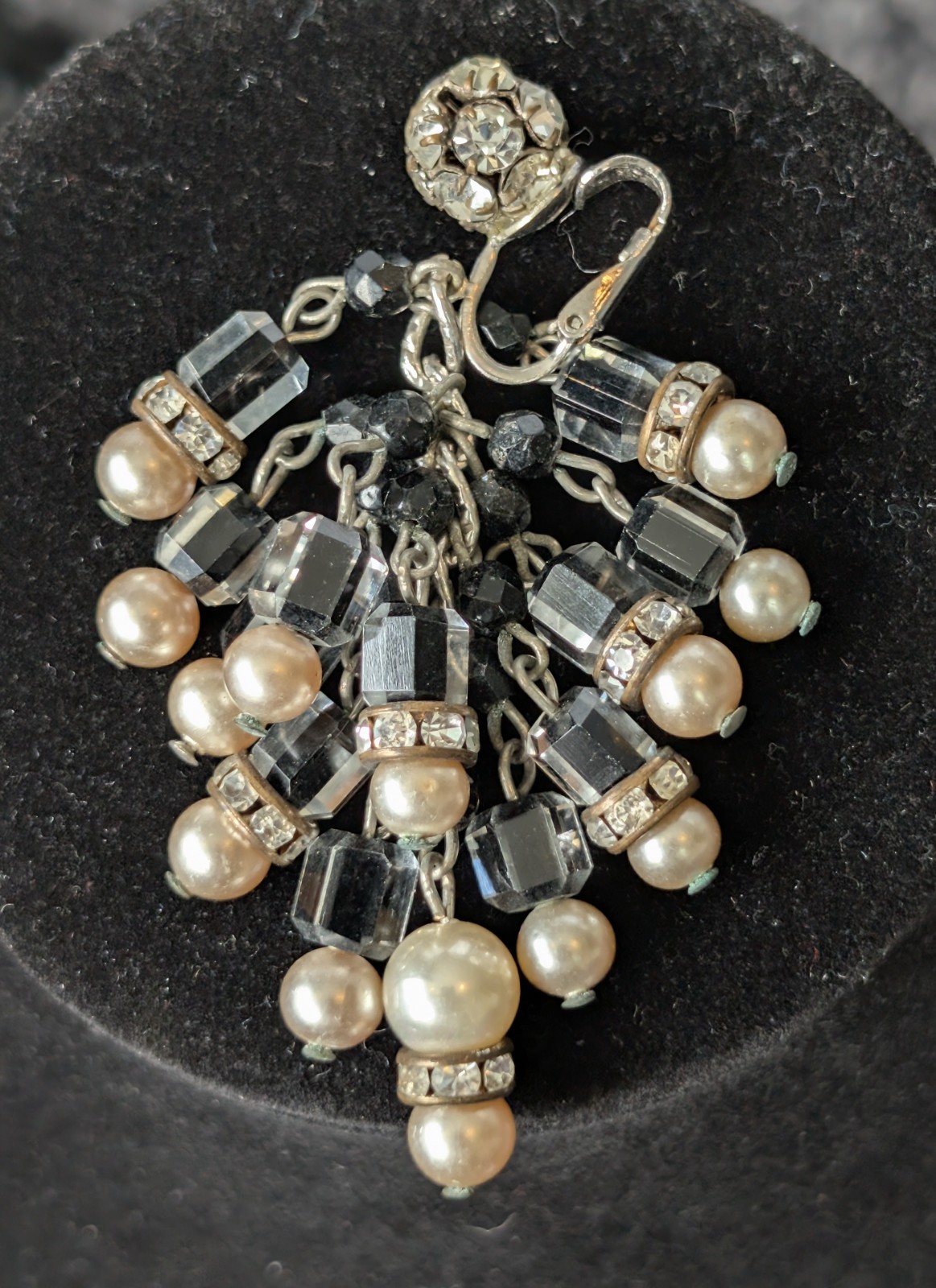 Vintage Vendome? Black & Clear Givre Glass Czech Beads Chandelier Clip Earrings