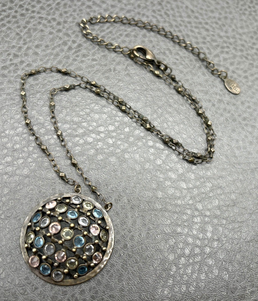 VTG Signed Sorrelli Necklace Gunmetal Silver Pink Blue Green Crystal Pendant