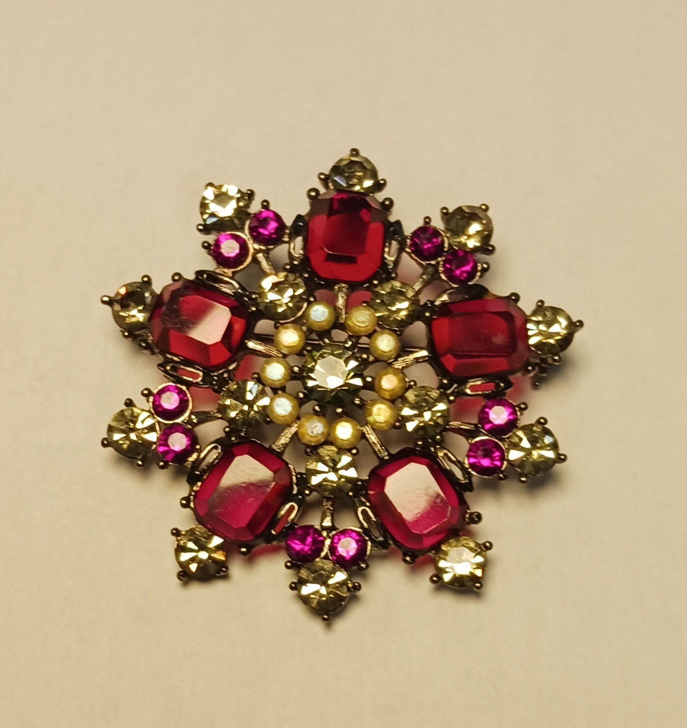 Vintage Brooch Red Square Round Rhinestones Crystal Rhinestones Dark Metal Base