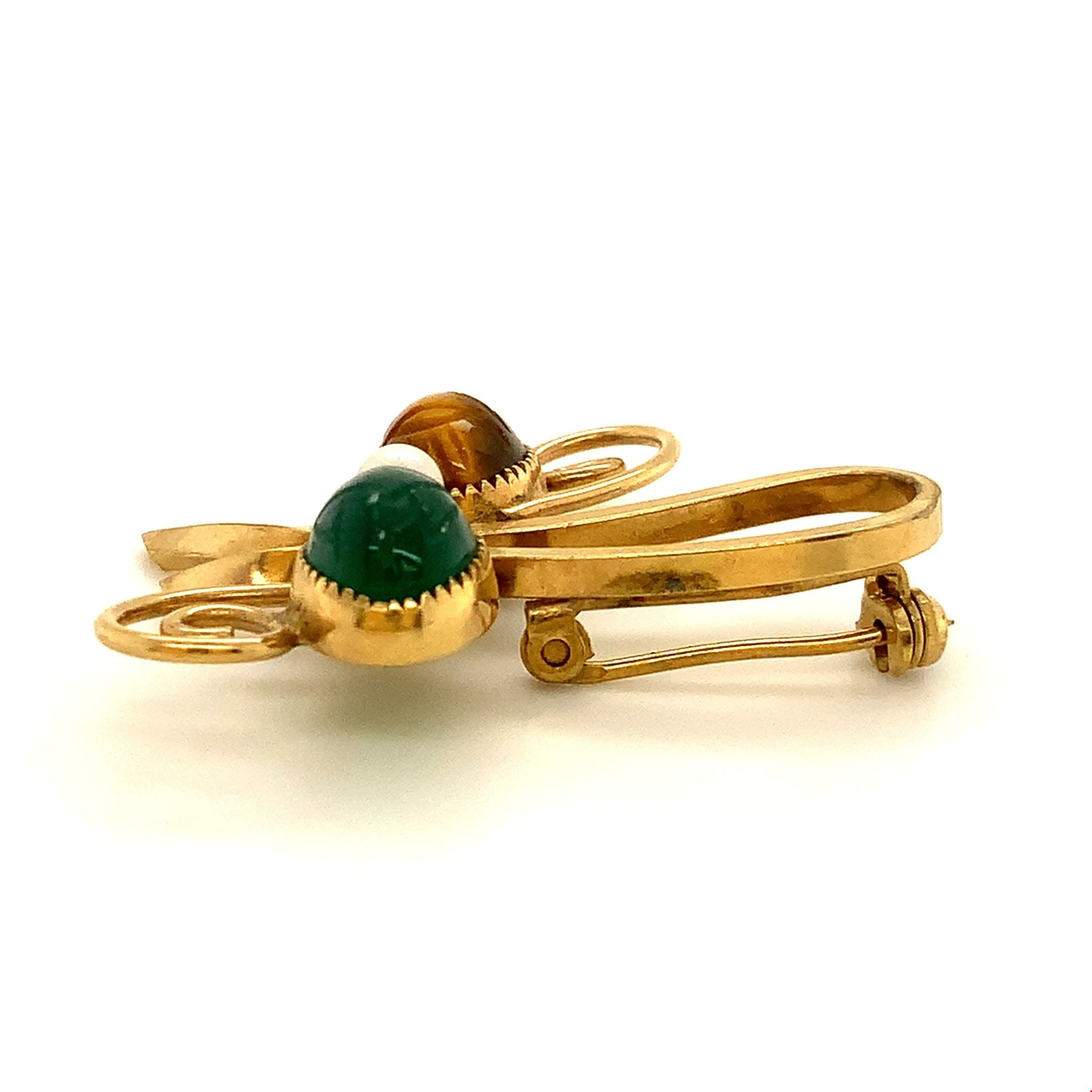 Vintage 14k Gold Filled Wells Scarabs Tiger’s Eye Jade Ornate Bow Design Brooch