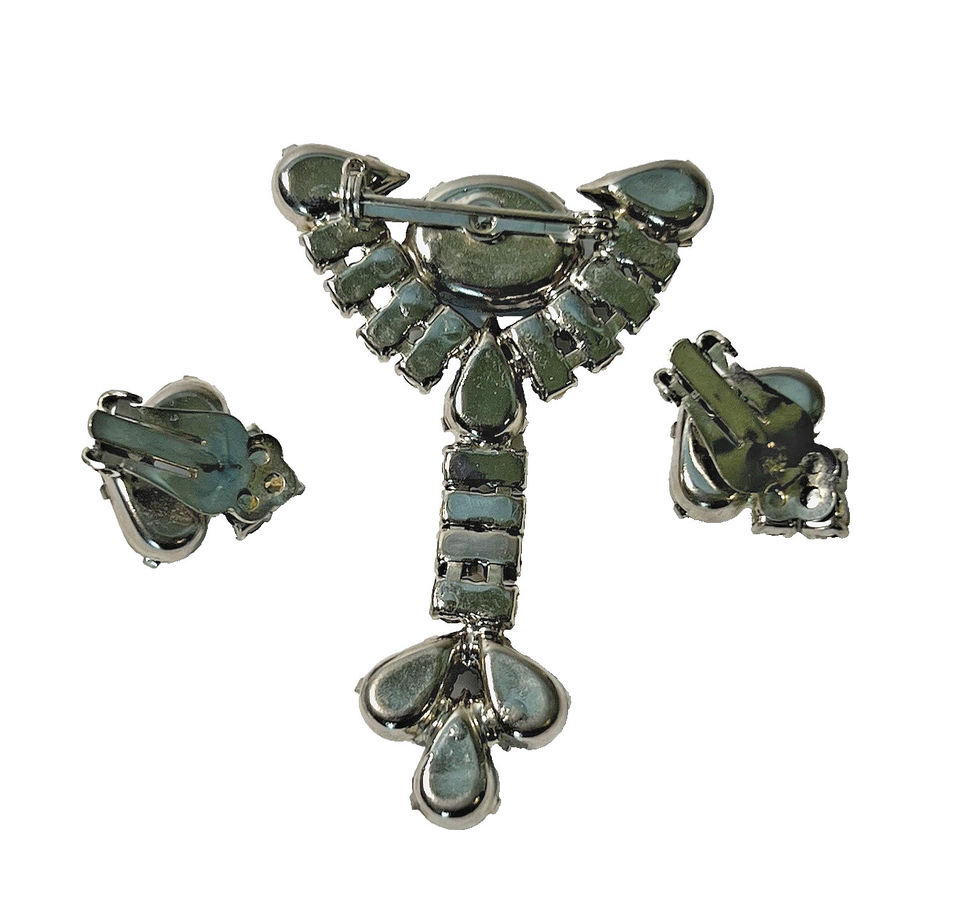 Lrg Vtg Blue Tones Rhinestone Dangle BROOCH w Earrings