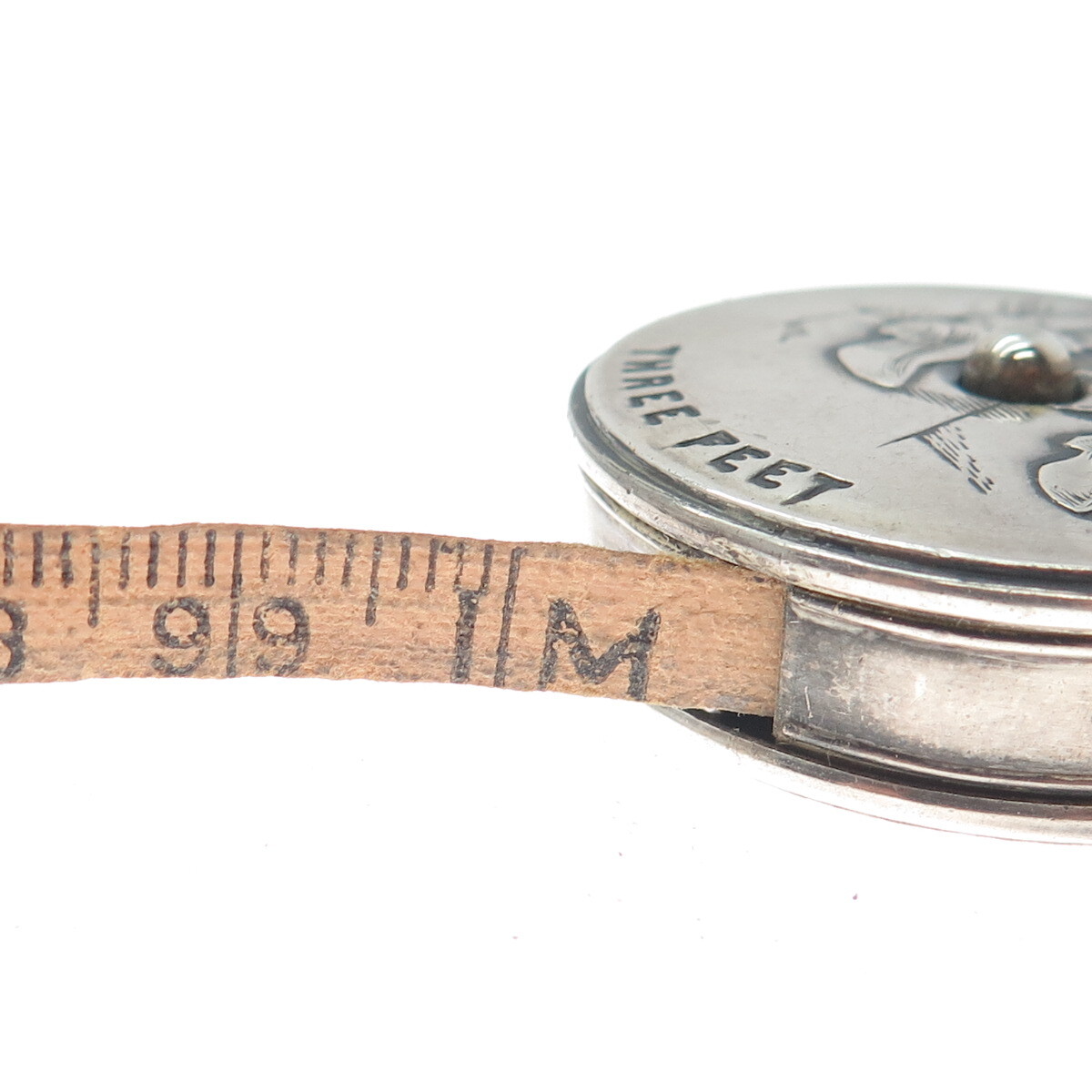 ATTLEBORO 925 Sterling Silver Antique Art Deco Three Feet Measure Tape Case