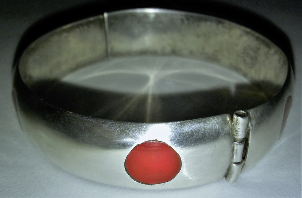 Vintage Mexican Silver Bracelet Taxco Red Polka Dot Bangle Frida Style Era Antiq