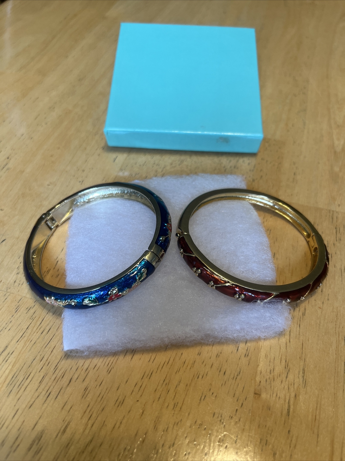 2 Gold Tone Enamel Bracelets Red (Marked Napier ) and Blue (not sure see pics)