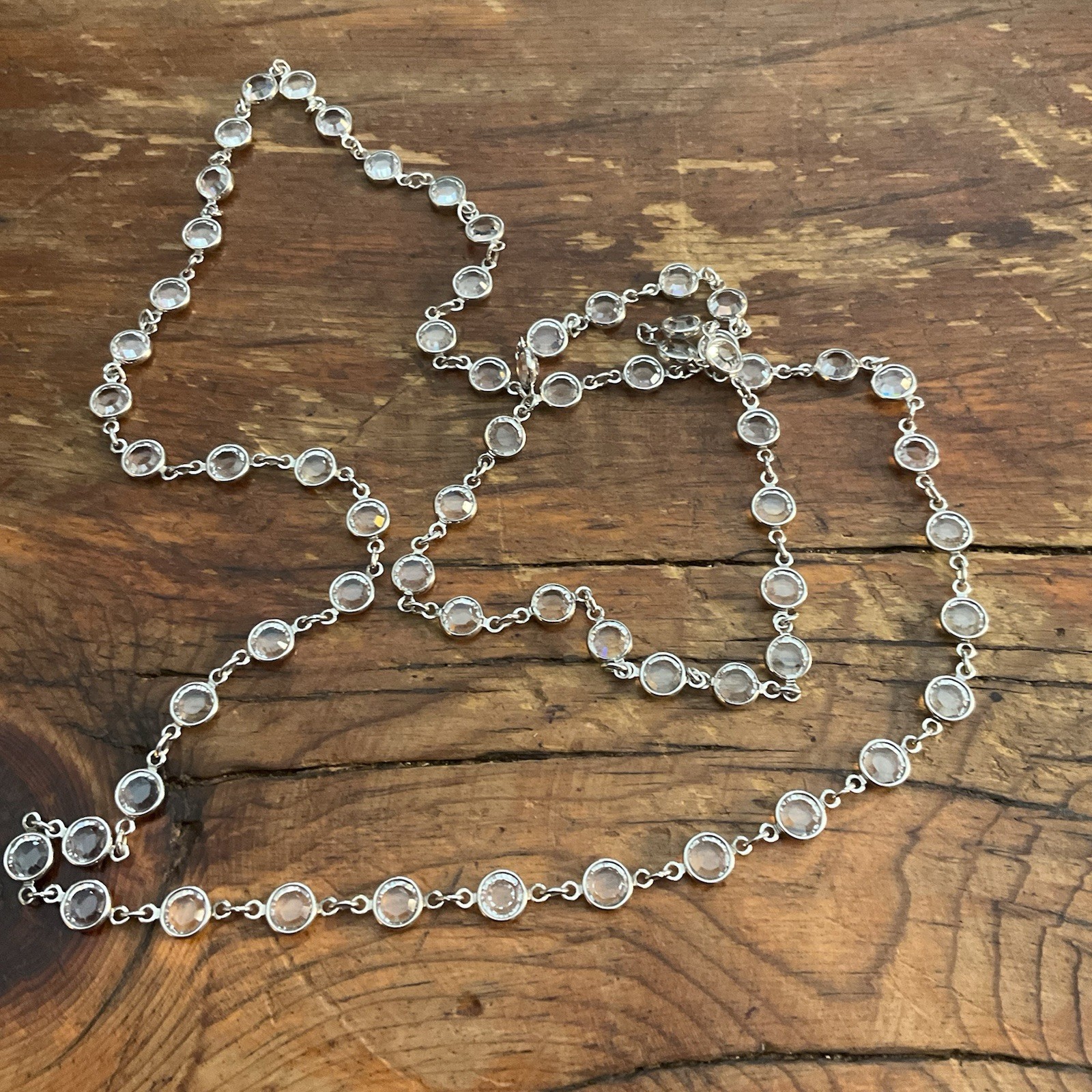 Vintage 36” Bezel Set Clear Austrian Crystal Open Back Discs Silver Tone