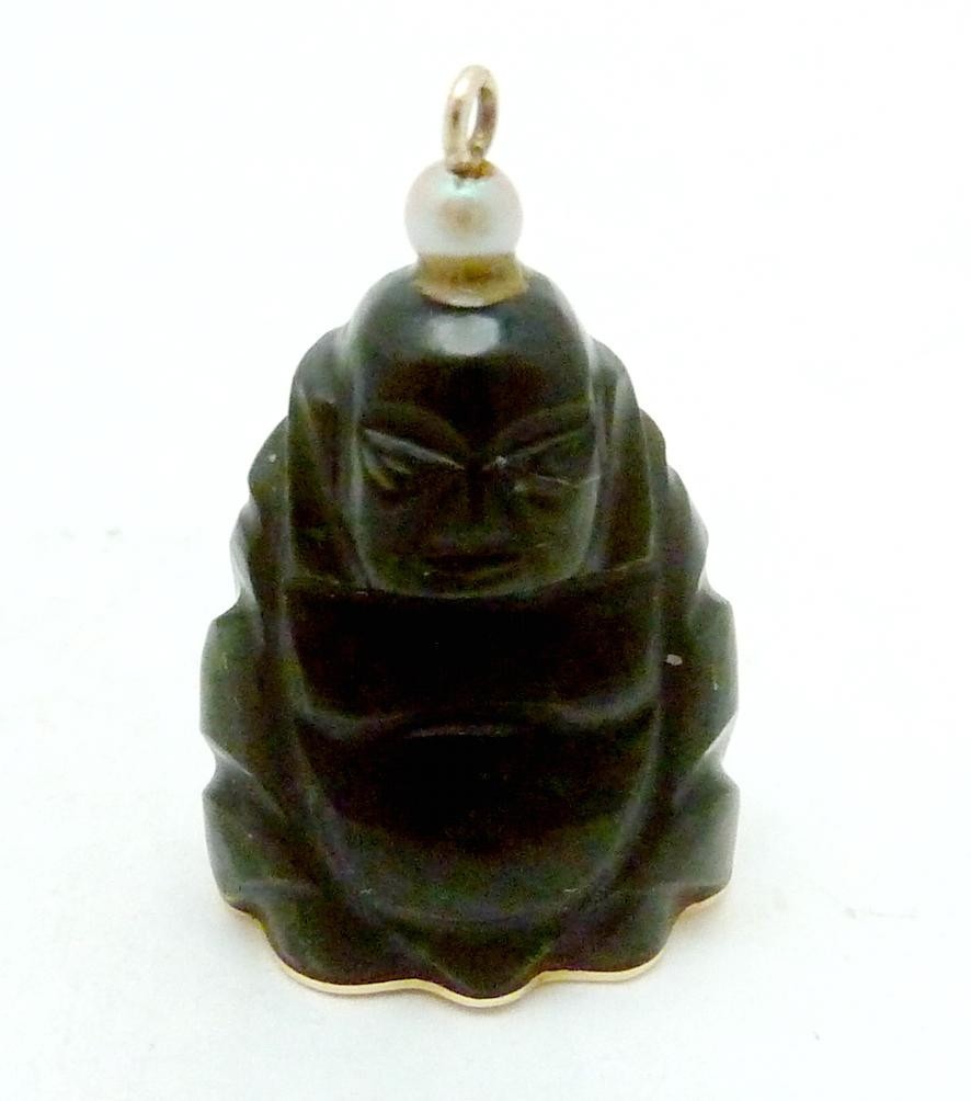 Vintage Carved Jade Pearl Buddha Pendant Gold Plated Base 27535