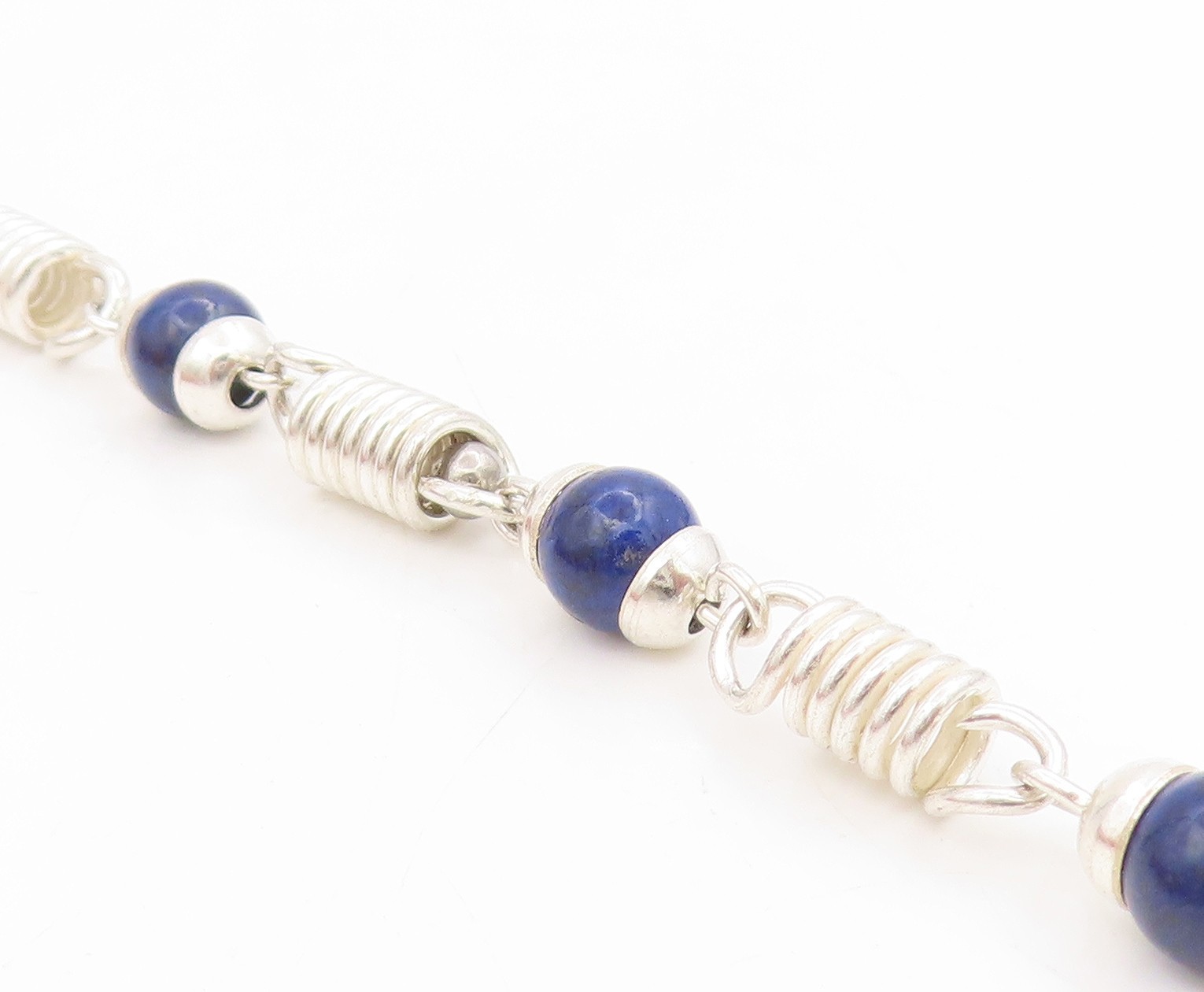 925 Sterling Silver Vintage Bracelet Lapis Lazuli Bead Wire Wrapped Link BT11746