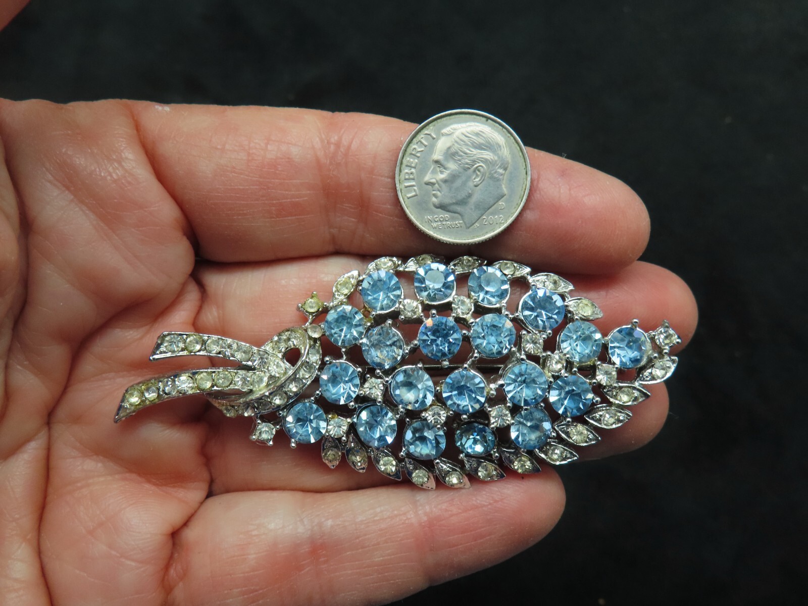 Vintage 1950’s CORO Baby Blue & White Rhinestone Leaf Brooch