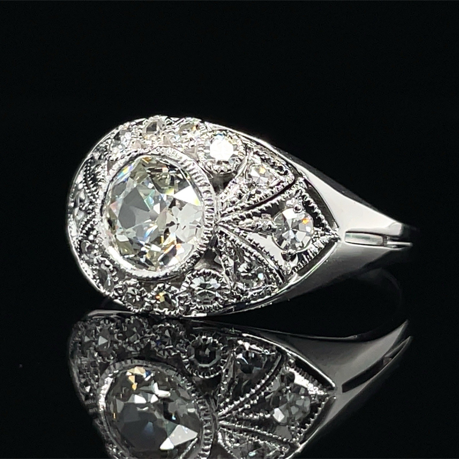 Vintage 1.00 Ctw Old European Cut Bezel Set Diamond Ring 14K White Gold