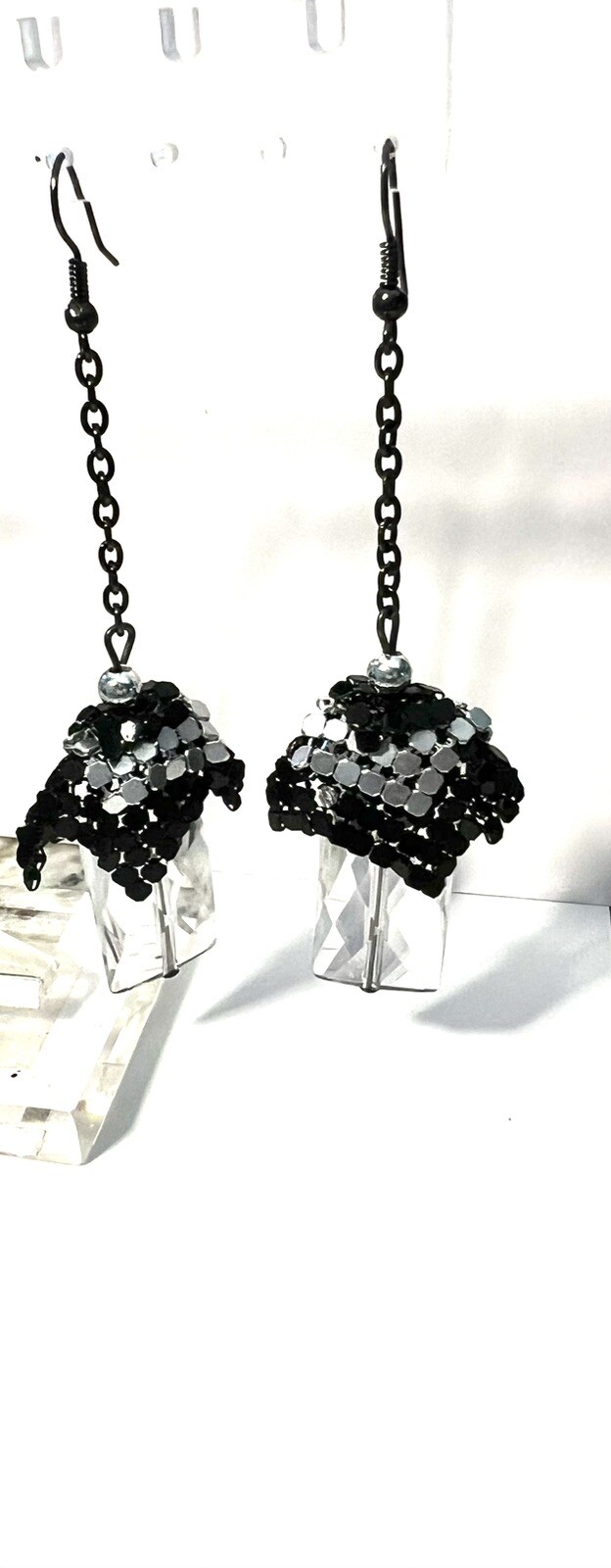 Vintage Retro Dangle Black And Silver Tone Metal Chain And Crystal Hook Earrings