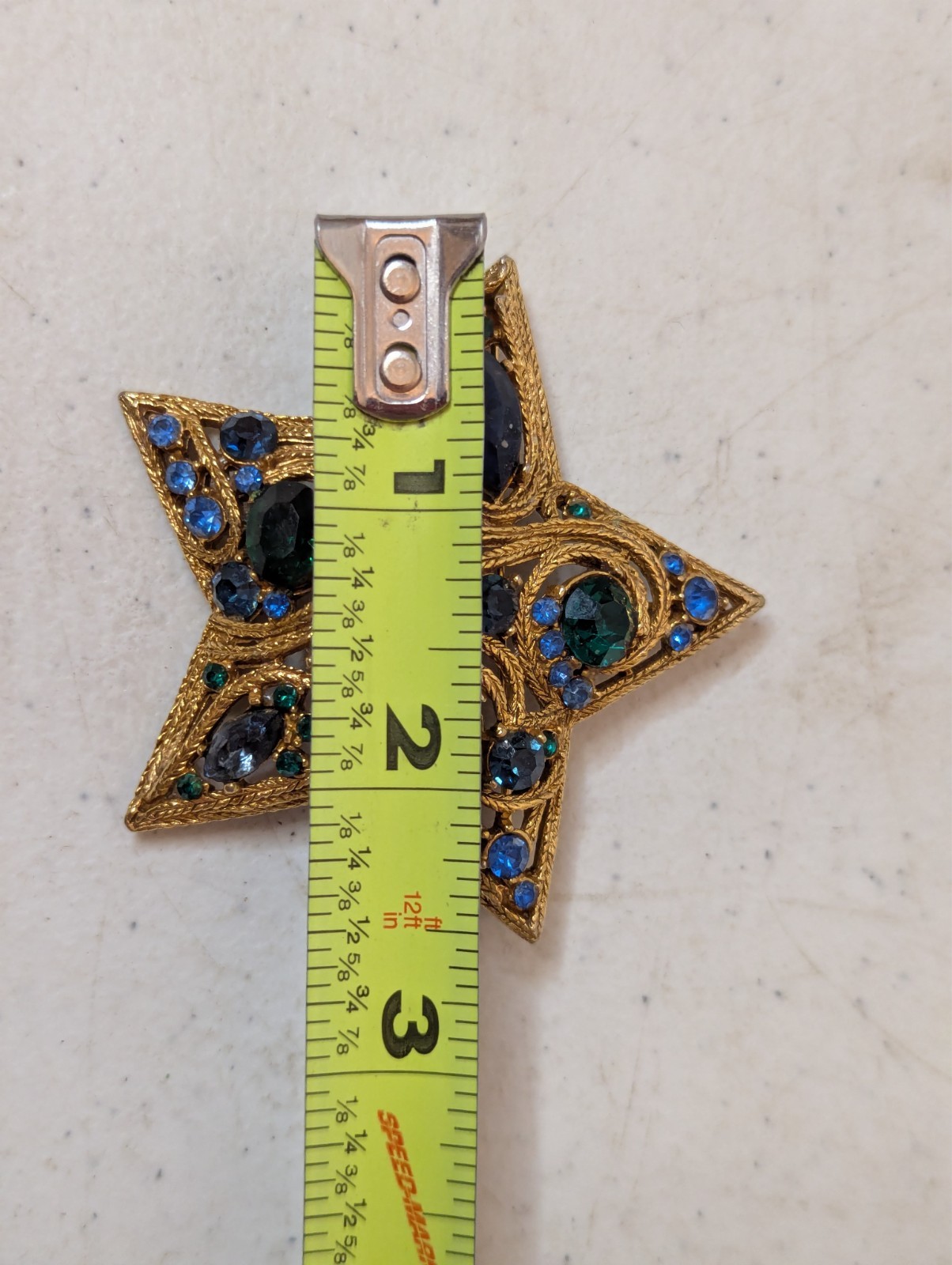 LaRoco La Roco Domed Paisley Rhinestone Star Brooch Pin Greens & Blues