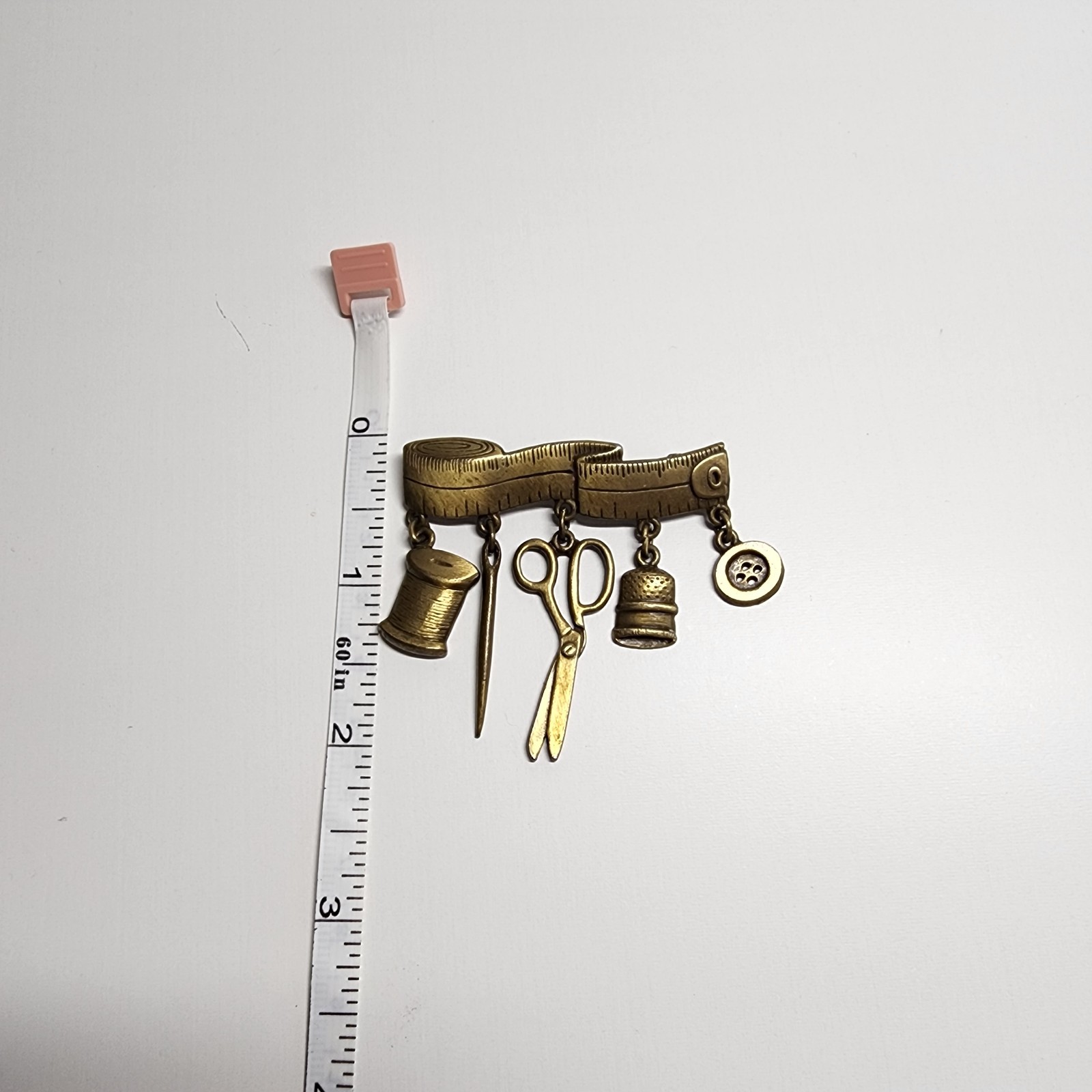 Vintage JJ Jonette Sewing Brooch Thimble Scissors Tape Measure Gold Tone
