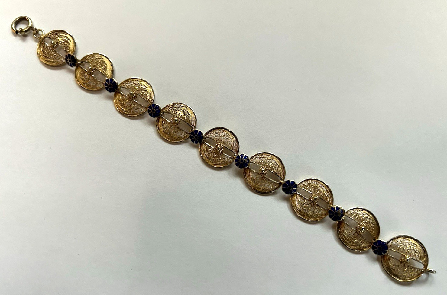 Vintage Solid Silver Gold Wash Blue Enameled Flowers Filigree Bracelet 7.5″