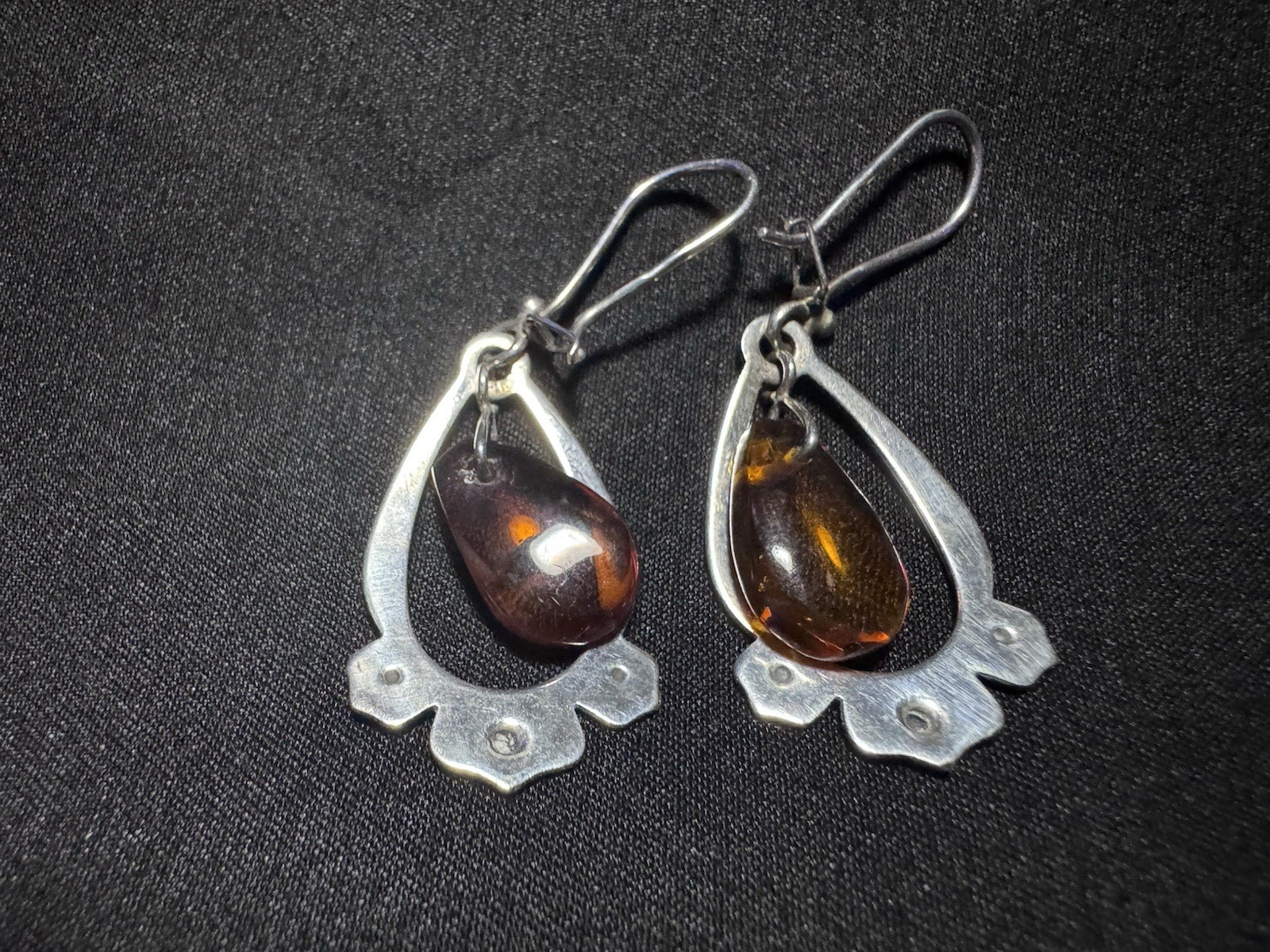 Vintage Soviet 925 Silver Cognac Amber Drop Earrings, USSR 1989 Hallmark, 2″