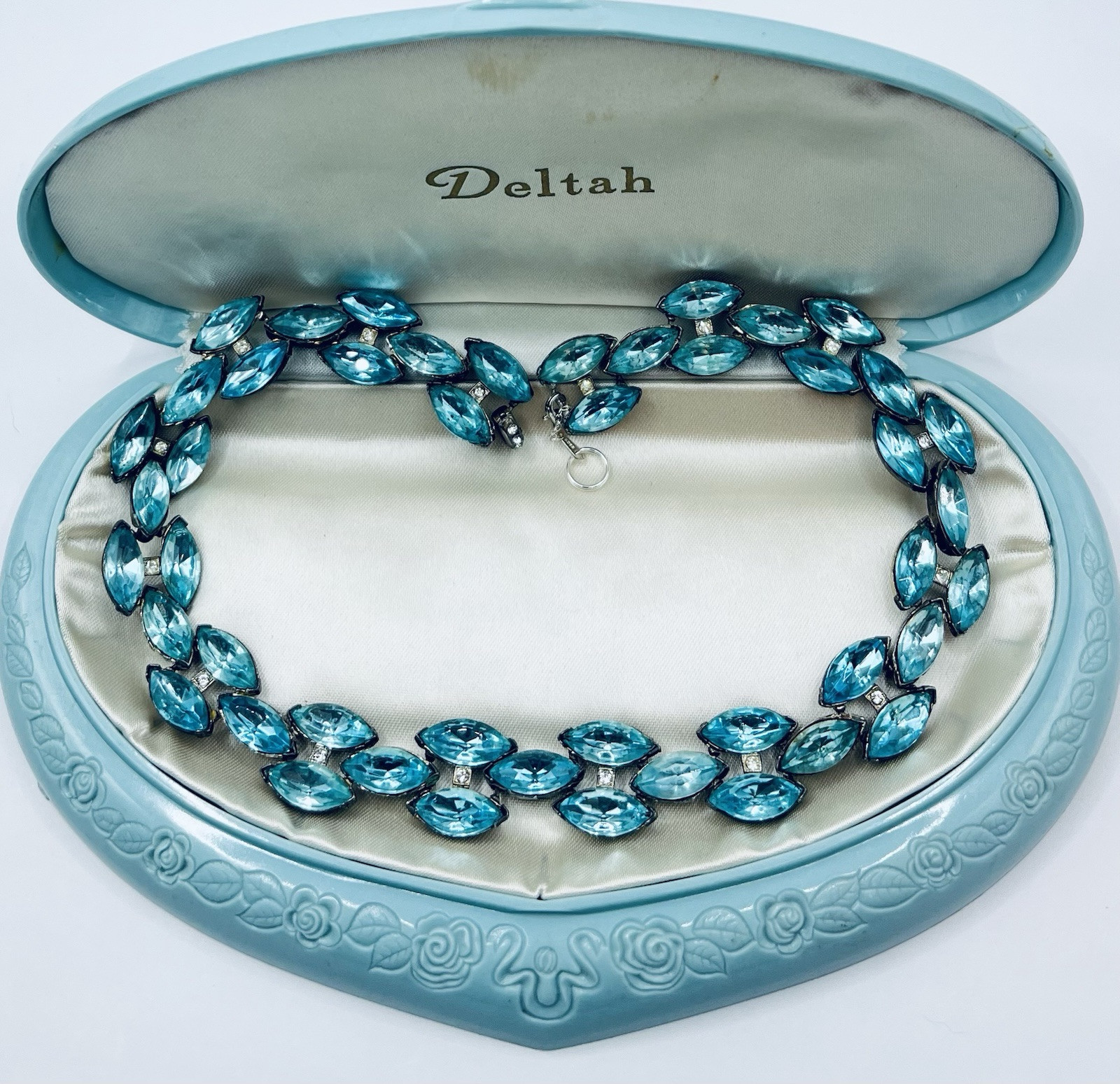 Vintage Aqua Rhinestone Pot Metal Rivière Necklace Not Signed