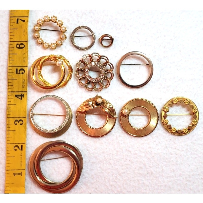 Vtg Circle Goldtone Brooch Lot Freirich Beau Jewels Round Pearls 50s 60s 70s 80s