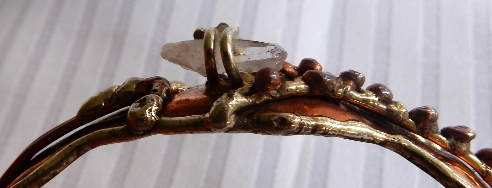 Vintage Handcrafted Copper & Silver Tone Quartz Crystal Cuff Bracelet Boho