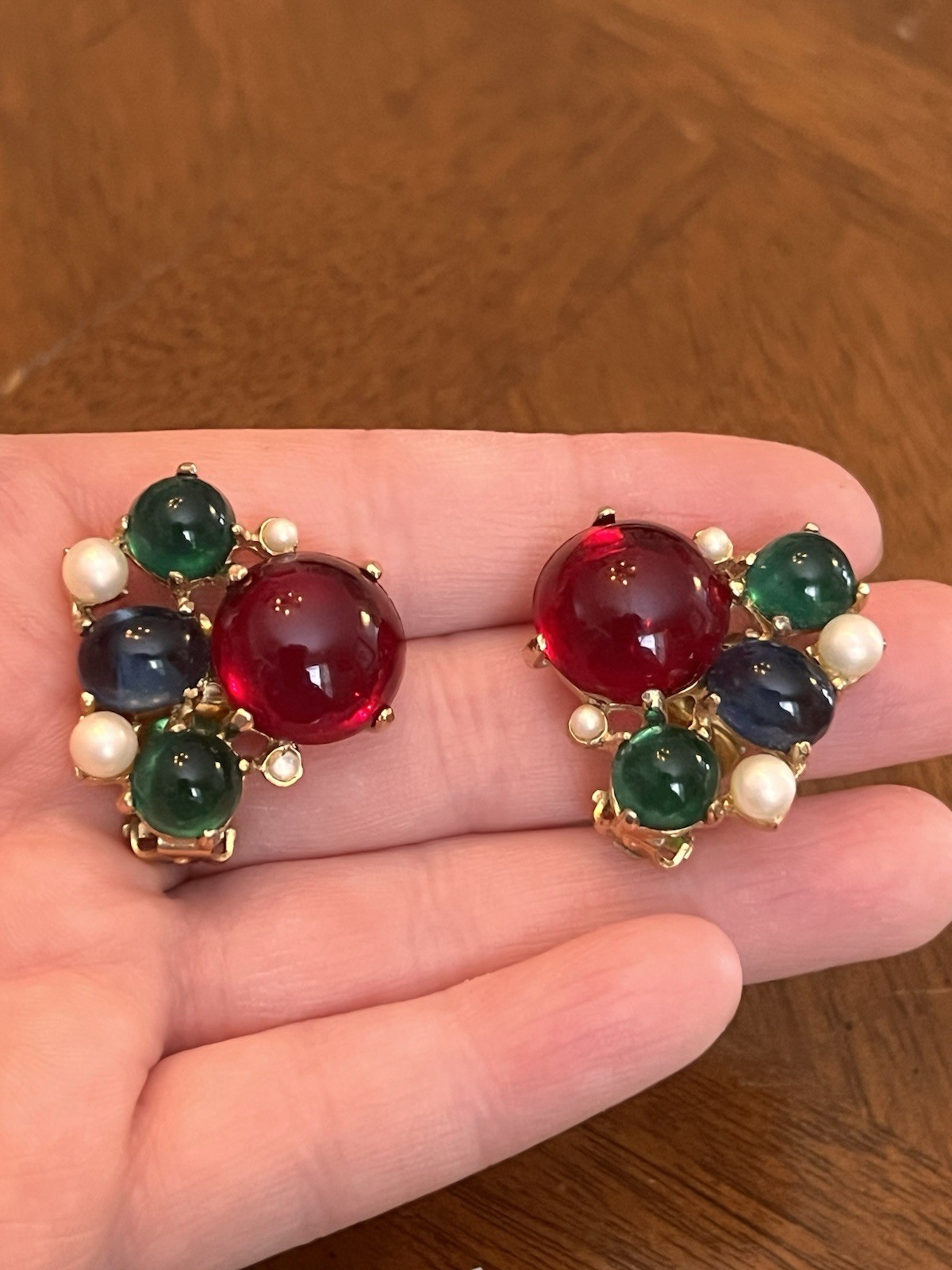Vintage Moghul Multicolor Glass Cabochon Faux Pearl Stud Earrings Gold Tone Nice