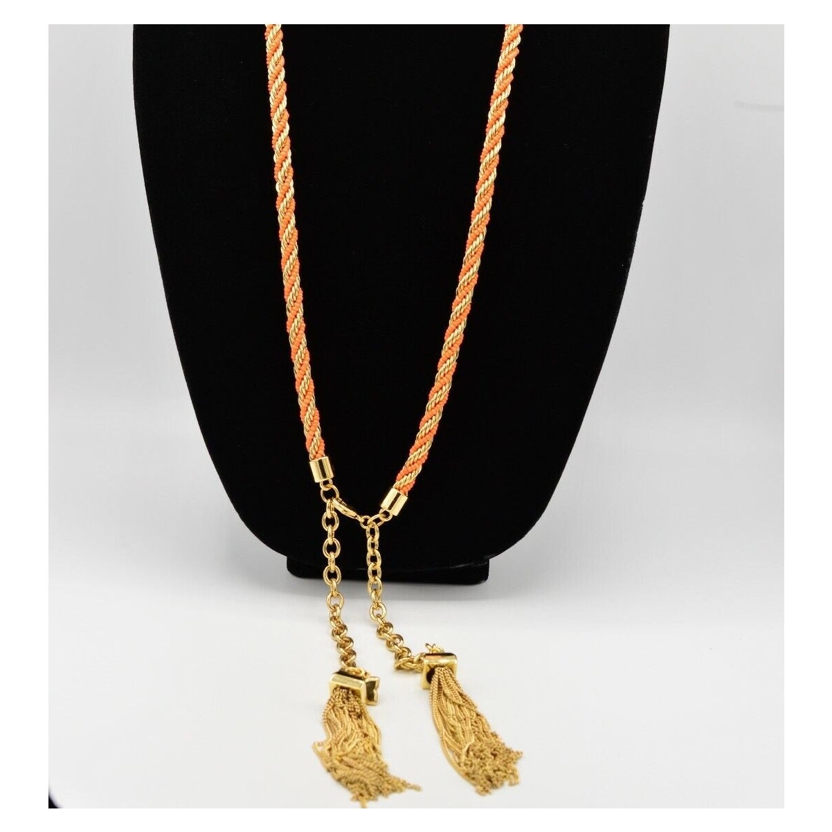 BCBG Max Azria Tassel Statement Necklace Orange Beaded Gold Chain Fringe BinN
