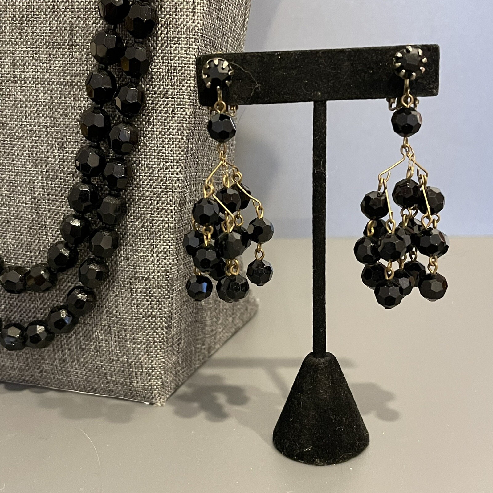 Vintage Faceted Jet Black Glass Bead Necklace West Germany – Clip On Earrings