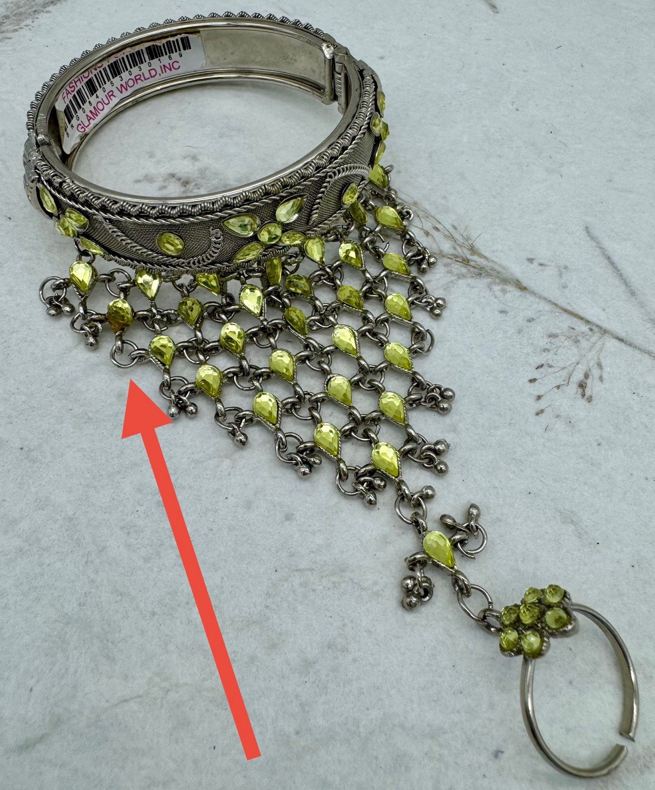 VTG Boho Slave Bracelet Bangle Peridot Rhinestones Sizeable Ring Chain Link