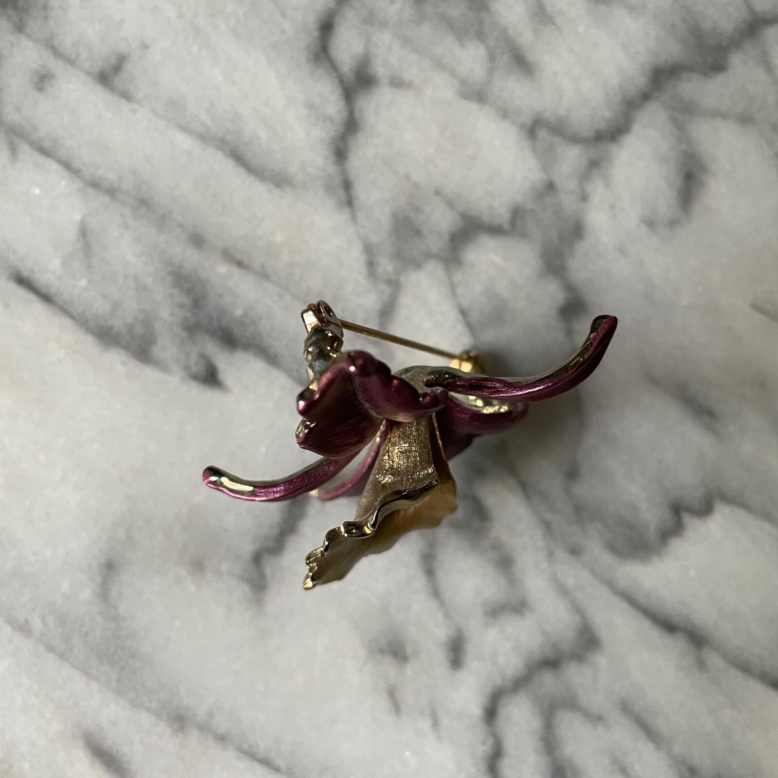 Orchid Brooch Purple and Gold Tone With Pearl EUC