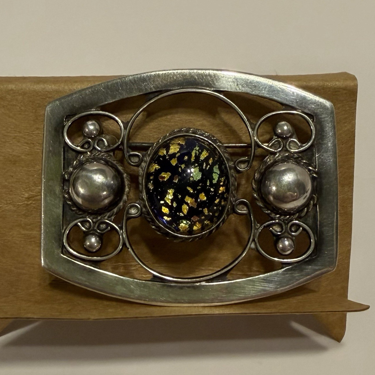 Vintage Mexican Sterling Silver Brooch R.J.R. 925 Art Glass Abalone Pin 1 5/8”
