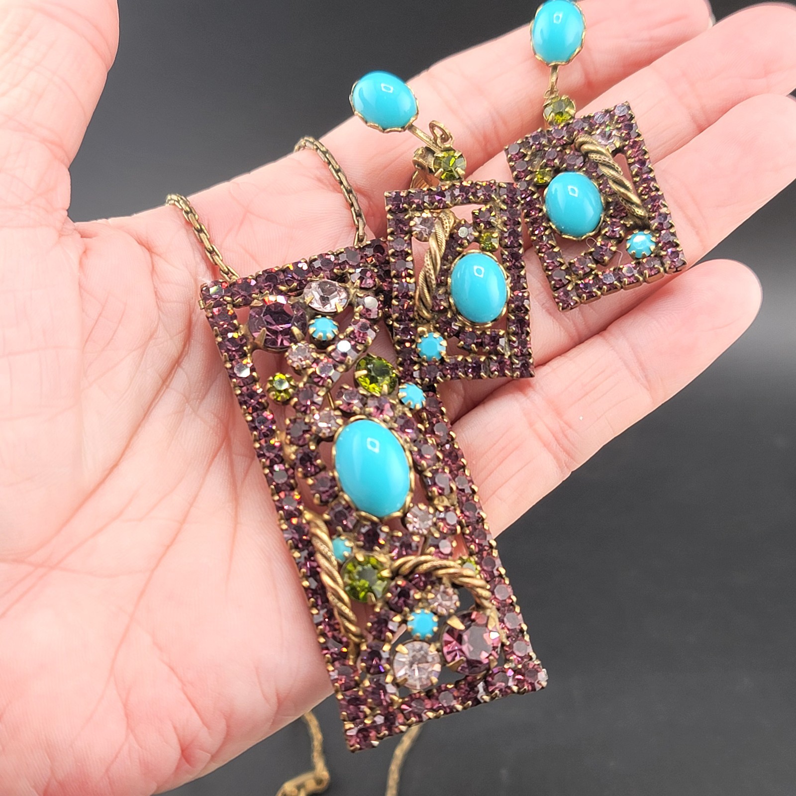 Vtg 3 pc Set Brooch Pendant Earrings Purple Rhinestones Blue Cabochons Jewelry
