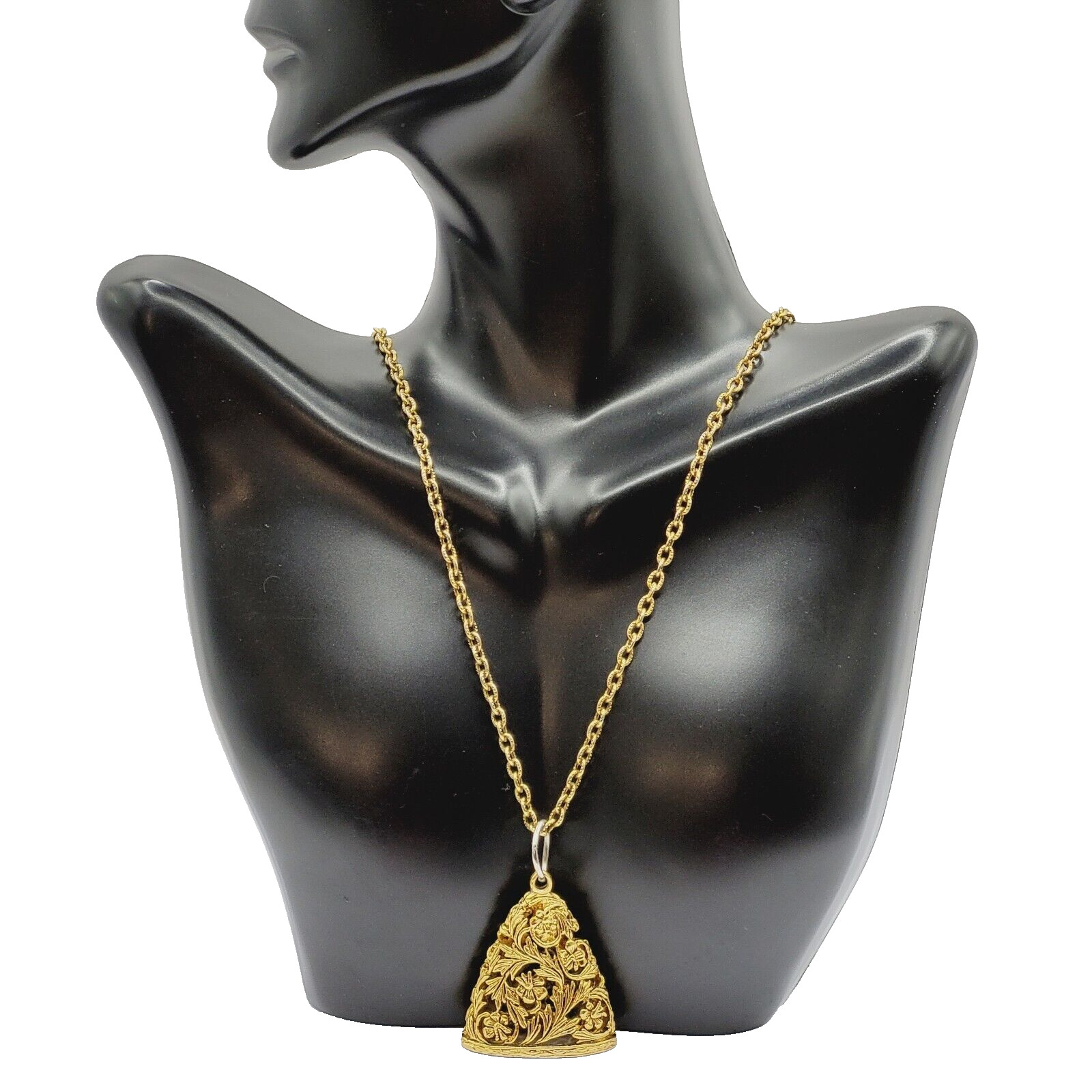 Renaissance Floral Triangle Filigree Pendant Necklace Gold Tone NO CLASP 24 Inch