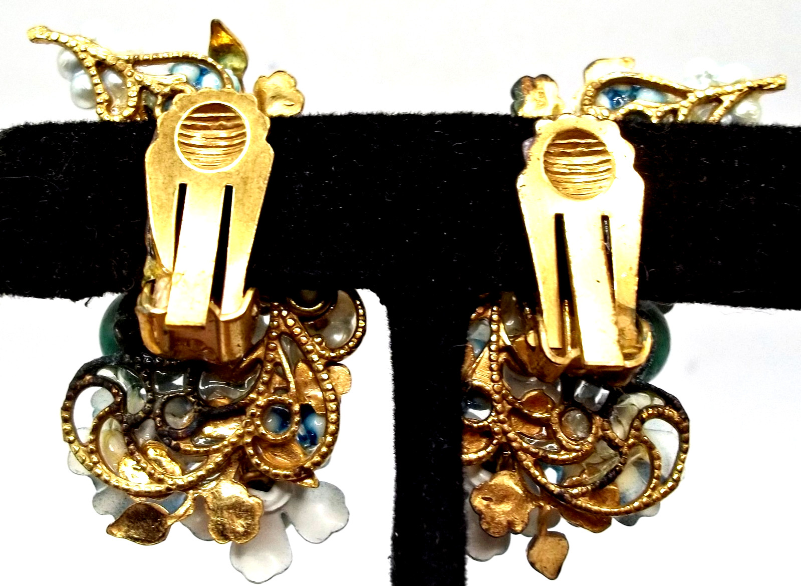 Vintage 50’s Blue Enamel Forget Me Not Pearl Rhinestone Earrings ROBERT DE MARIO