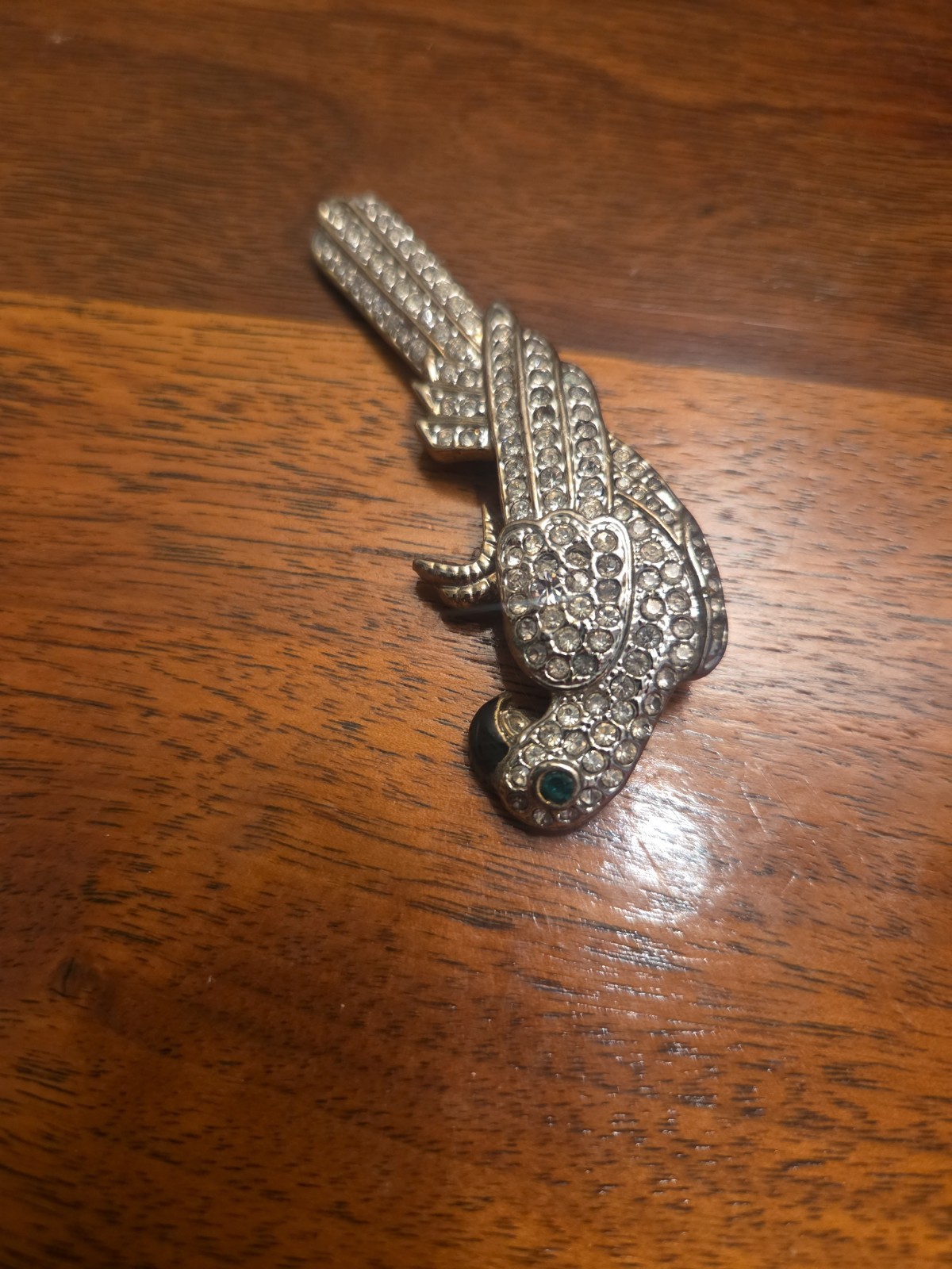 Vintage Rhinestone Parrot Bird Brooch Silver Tone Green Eye