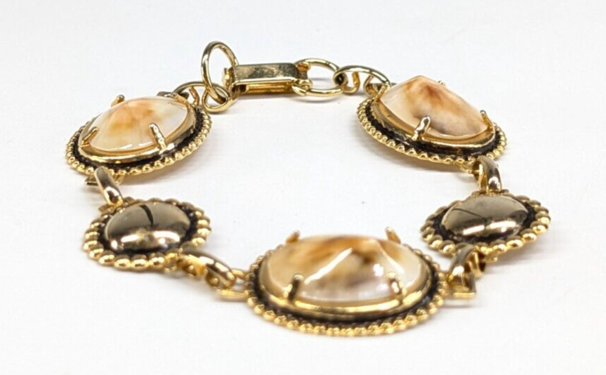 Vintage Real Seashell Shell Gold Tone Tennis Bracelet 3/4″ Wide 7″ Long