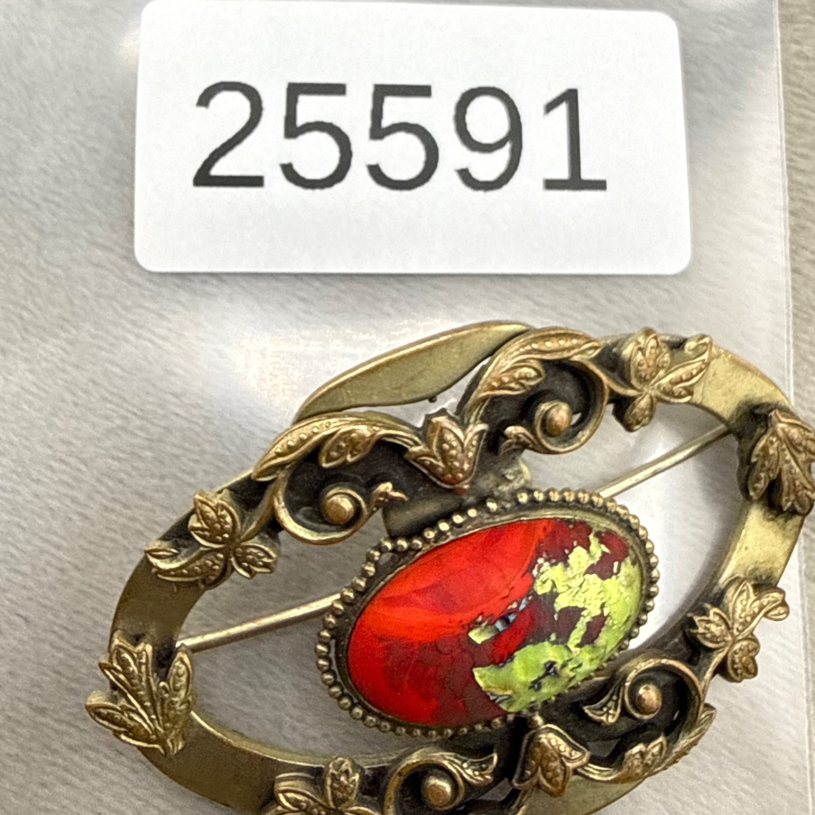 Vintage Victorian Czech Foil Art Glass Brooch Sash Pin Red Green