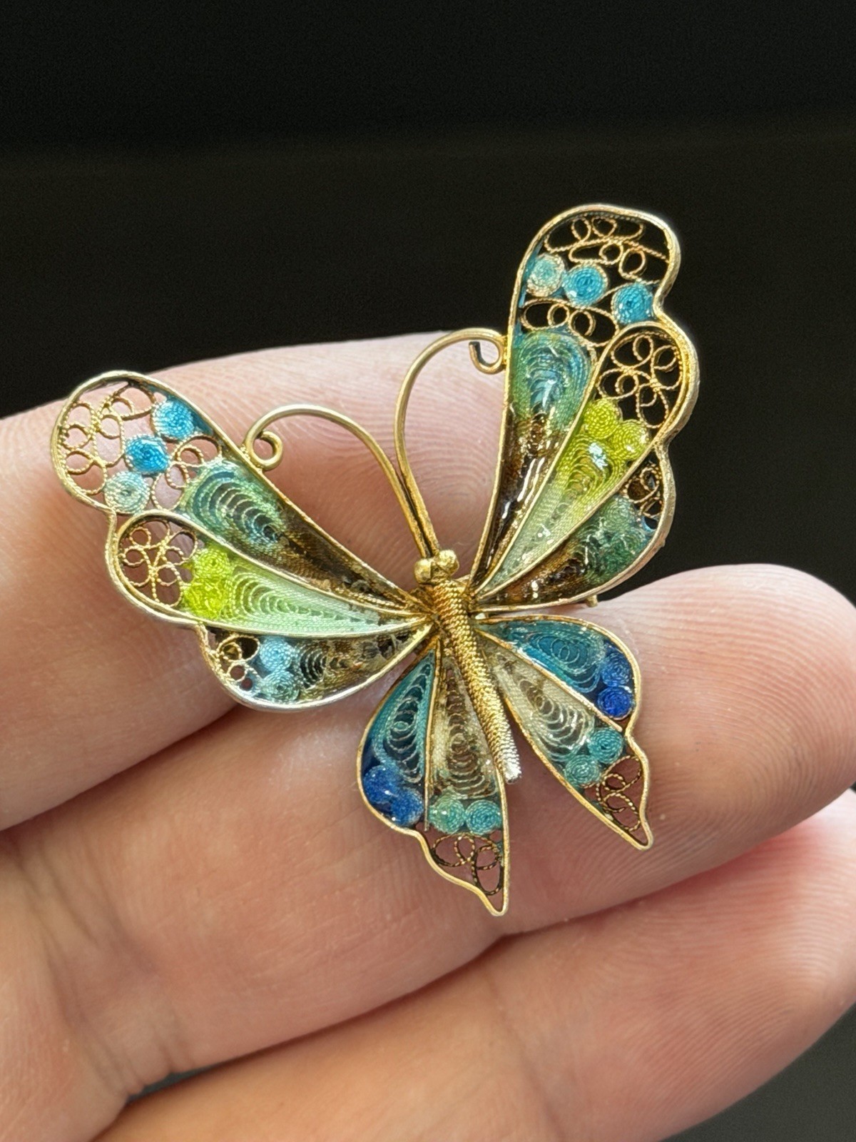 Vintage 800 FIne Silver Gold FInish Multi-Color Enamel Filigree Butterfly Brooch