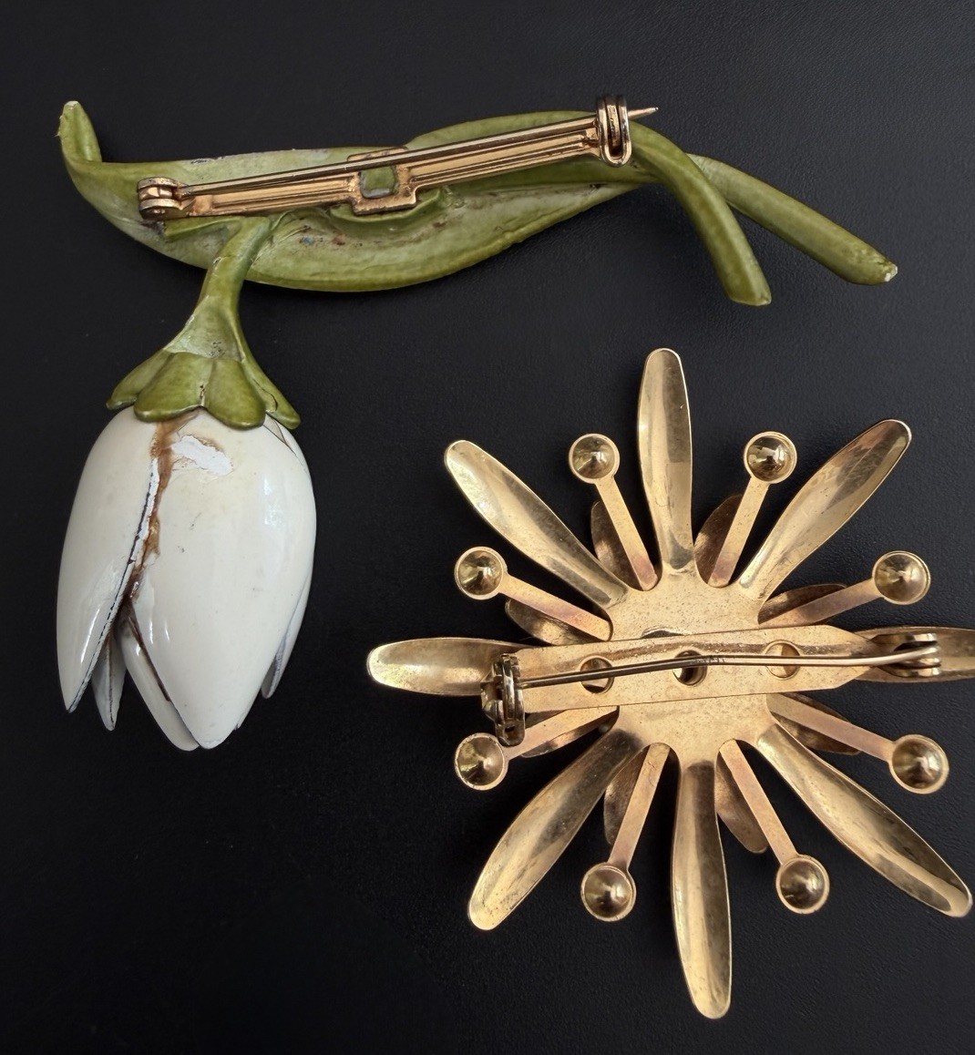 Vtg Flower Brooch Lot Green White Enamel Rhinestone Starburst Tulip Botanical