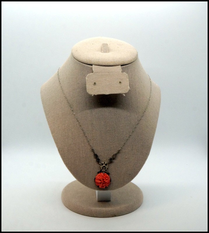 Vintage Art Deco Sterling Silver Marcasite & Molded Coral Glass Flower Pendant