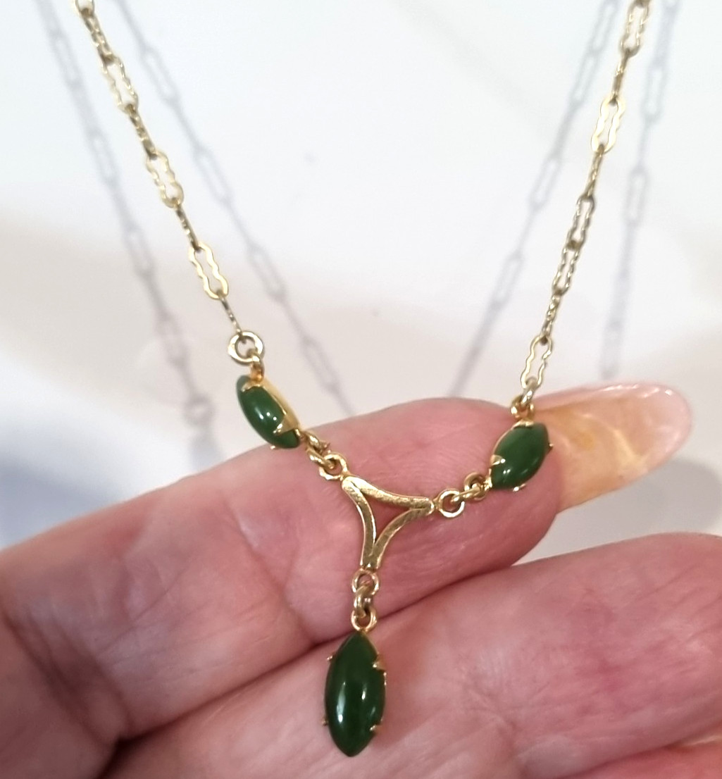 Vintage Rare Collectible c1940s -50s ART 12k gold fill Real Jade Necklace Video