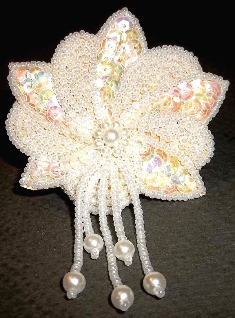 WHITE GLASS BEAD & SEQUIN BROOCH/ PIN-,pearlized seed beads ,satin back