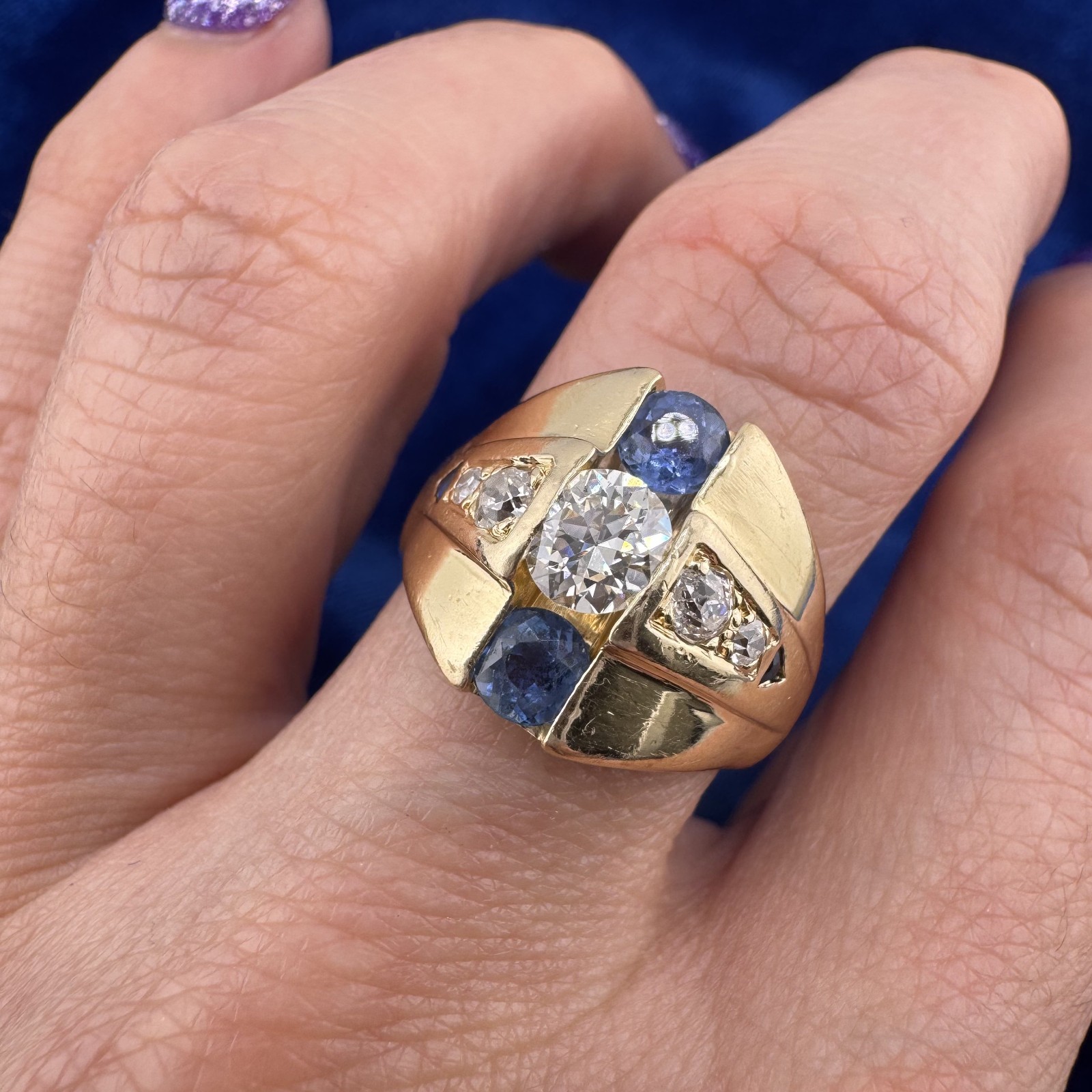 Vintage 14k Yellow Gold 0.53ct. Old European Cut Diamond Sapphire Ring 10.66g